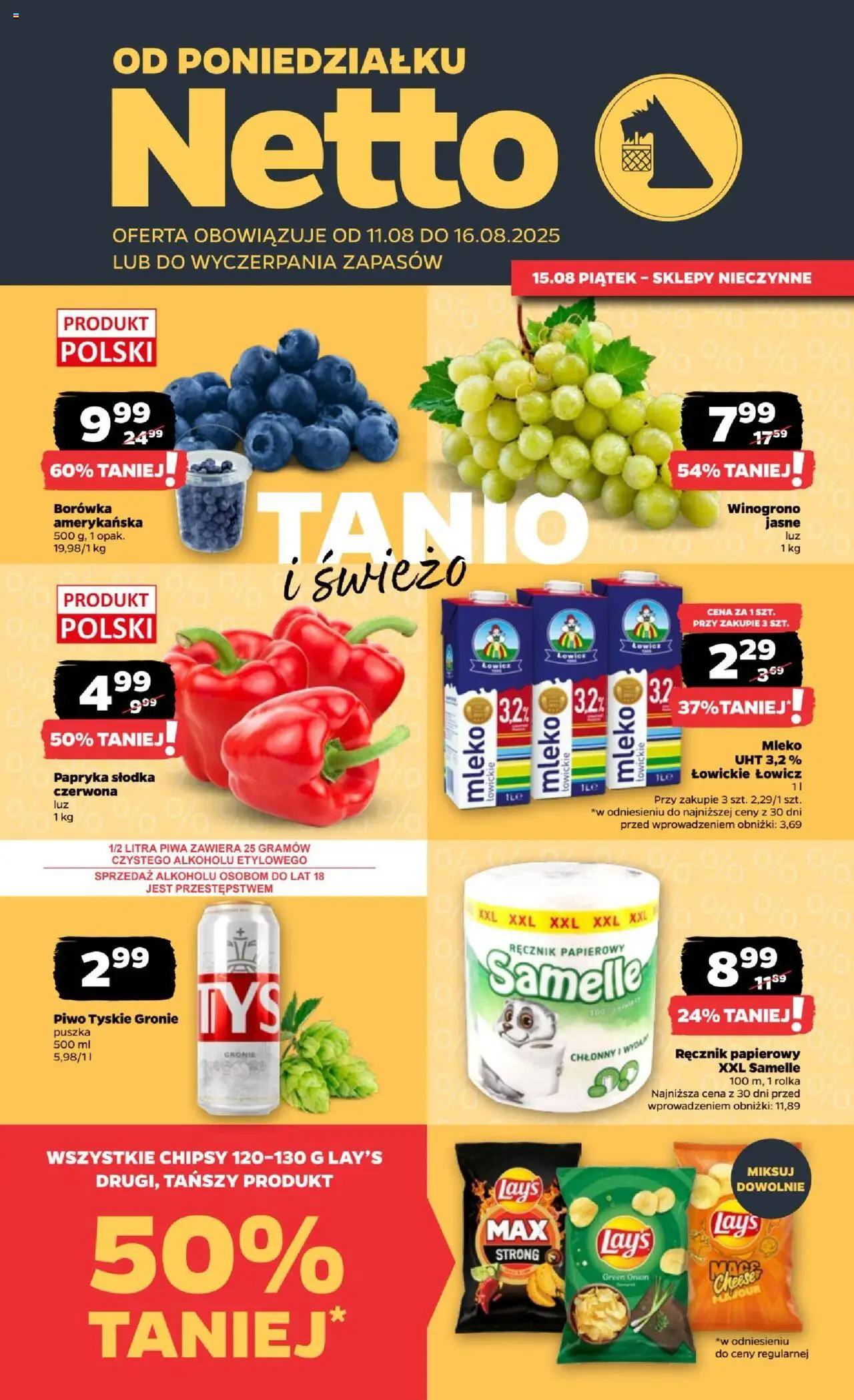 Netto gazetka - Spożywcza od 11.08.2025 | Strona: 1 | Produkty: Papryka, Lays, Tyskie, Piwo