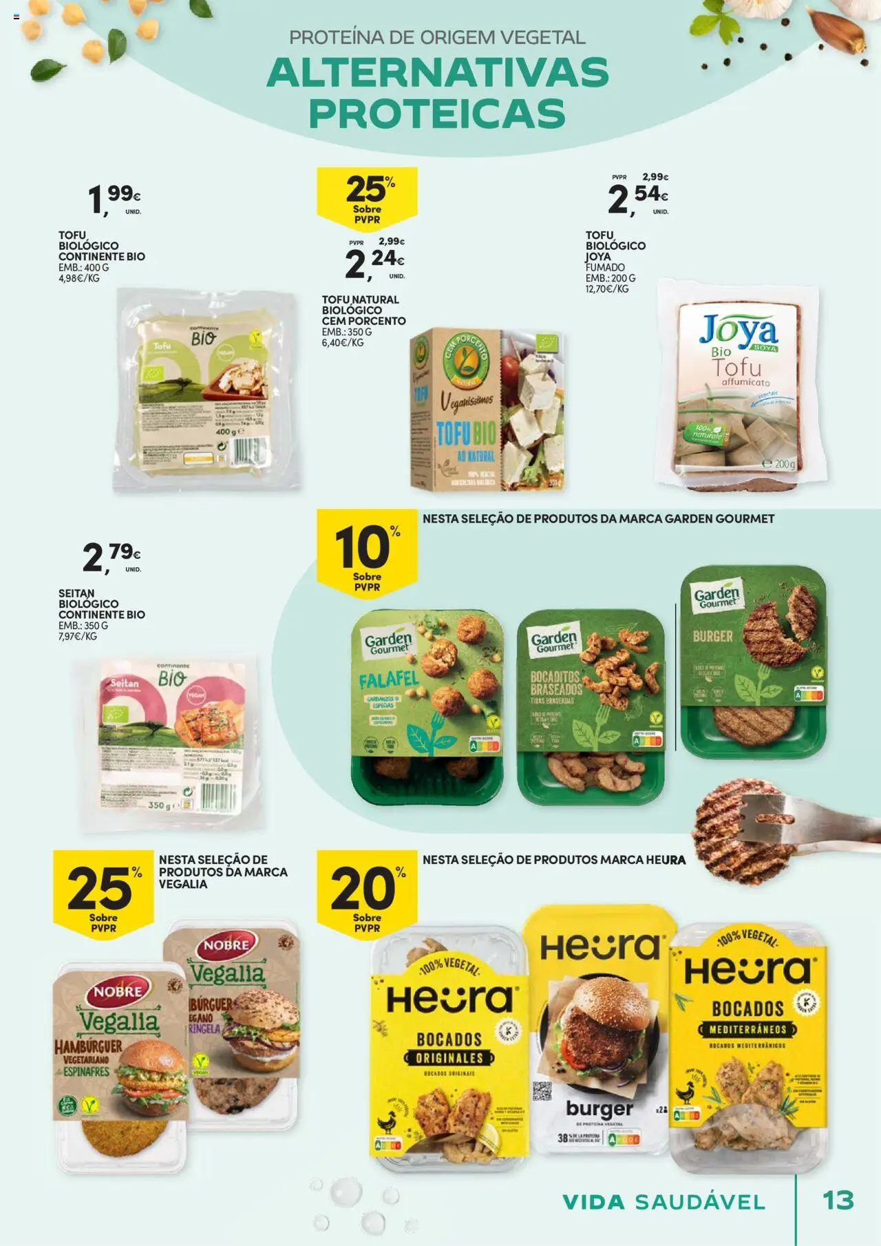 Continente - Vida Saudável: É de quem quer comer bem sem ginástica na carteira │ válido de 21.10.2025 | Página: 13 | Produtos: Espinafres, Hambúrguer, Proteina