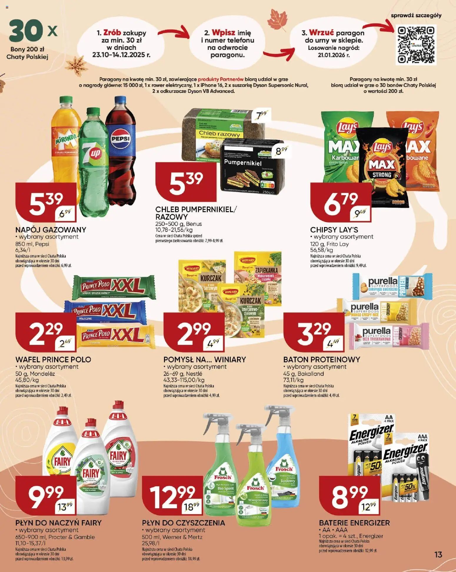 Chata Polska Gazetka od 23.10.2025 | Strona: 13 | Produkty: Płyn do naczyń fairy, Zapiekanka, Baton, Chleb
