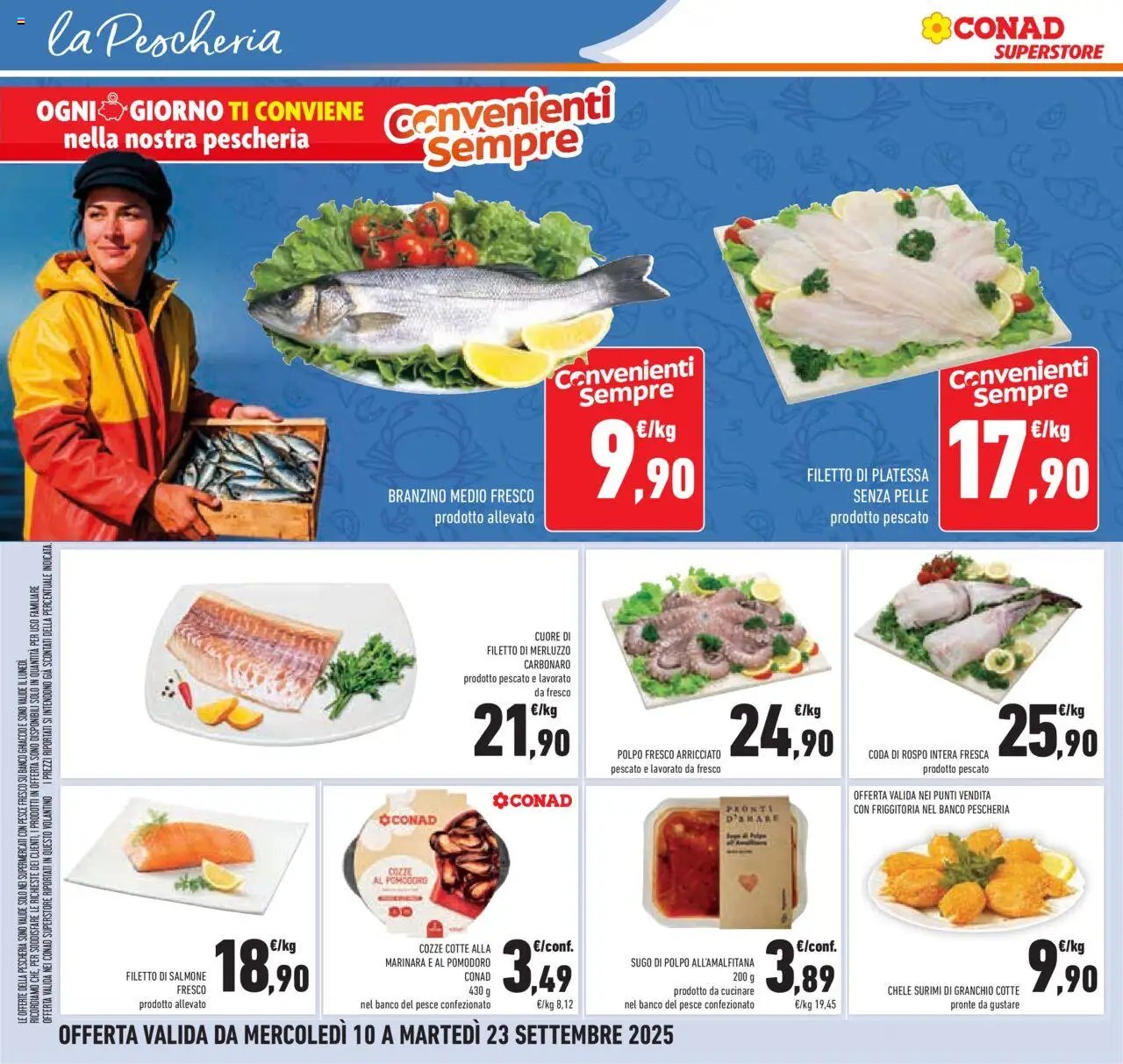 Volantino Conad del 10.09.2025 | Pagina: 20 | Prodotti: Salmone, Surimi, Branzino, Pomodoro