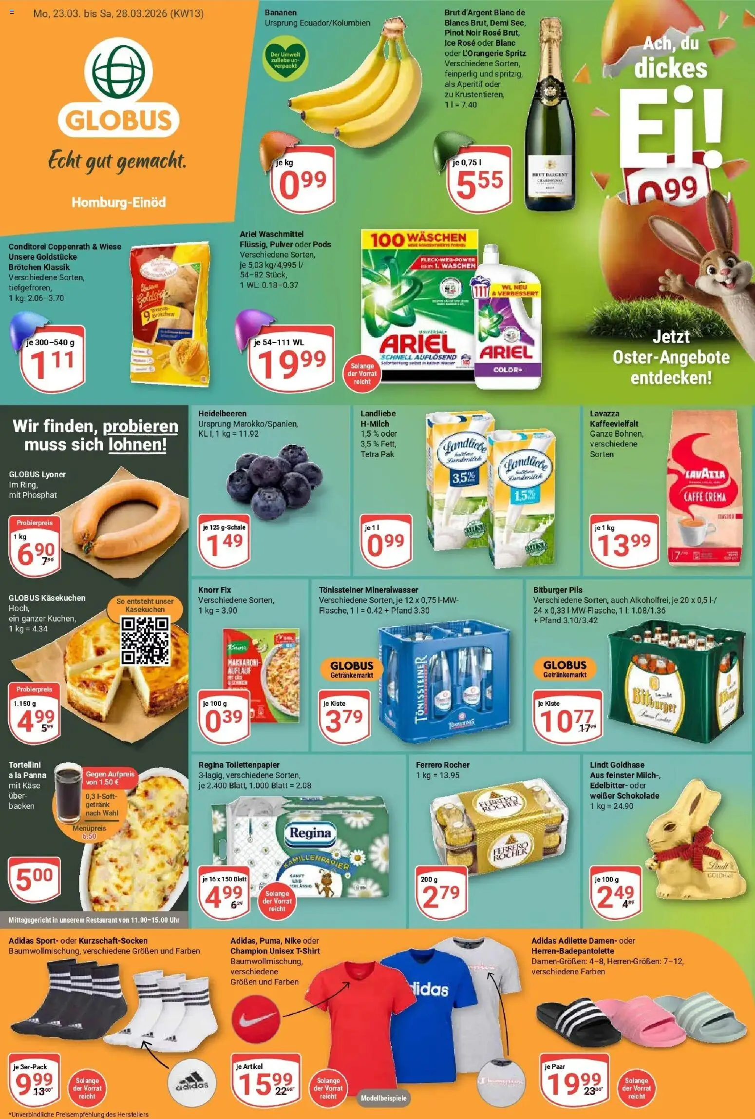 Globus prospekt Homburg-Einöd	 – gültig ab 23.03.2026 | Seite: 3 | Produkte: Bitburger, Schokolade, Bananen, Lindt