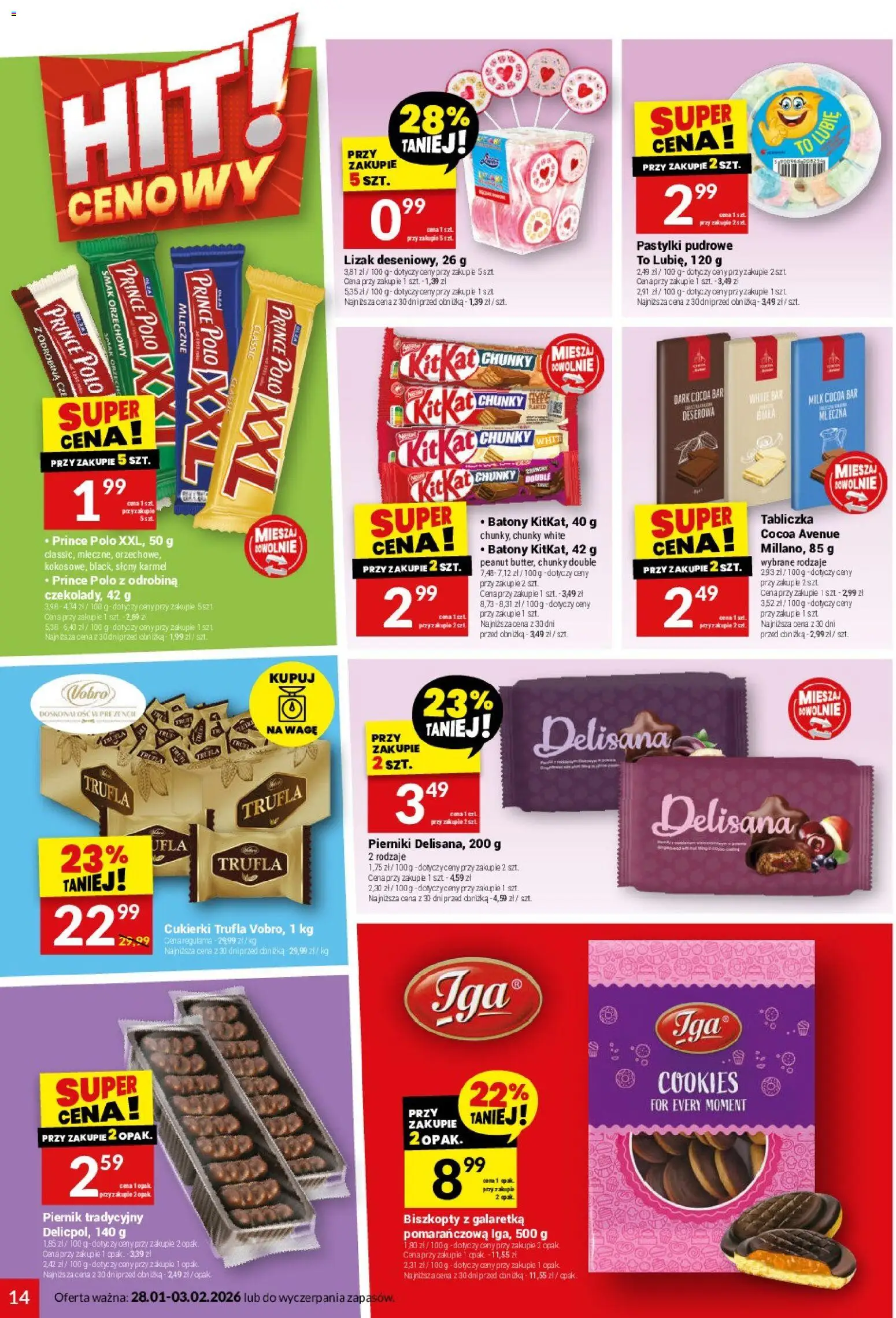 Twój Market Gazetka od 28.01.2026 | Strona: 14 | Produkty: Prince polo xxl, Piernik, Cukierki, Pastylki pudrowe