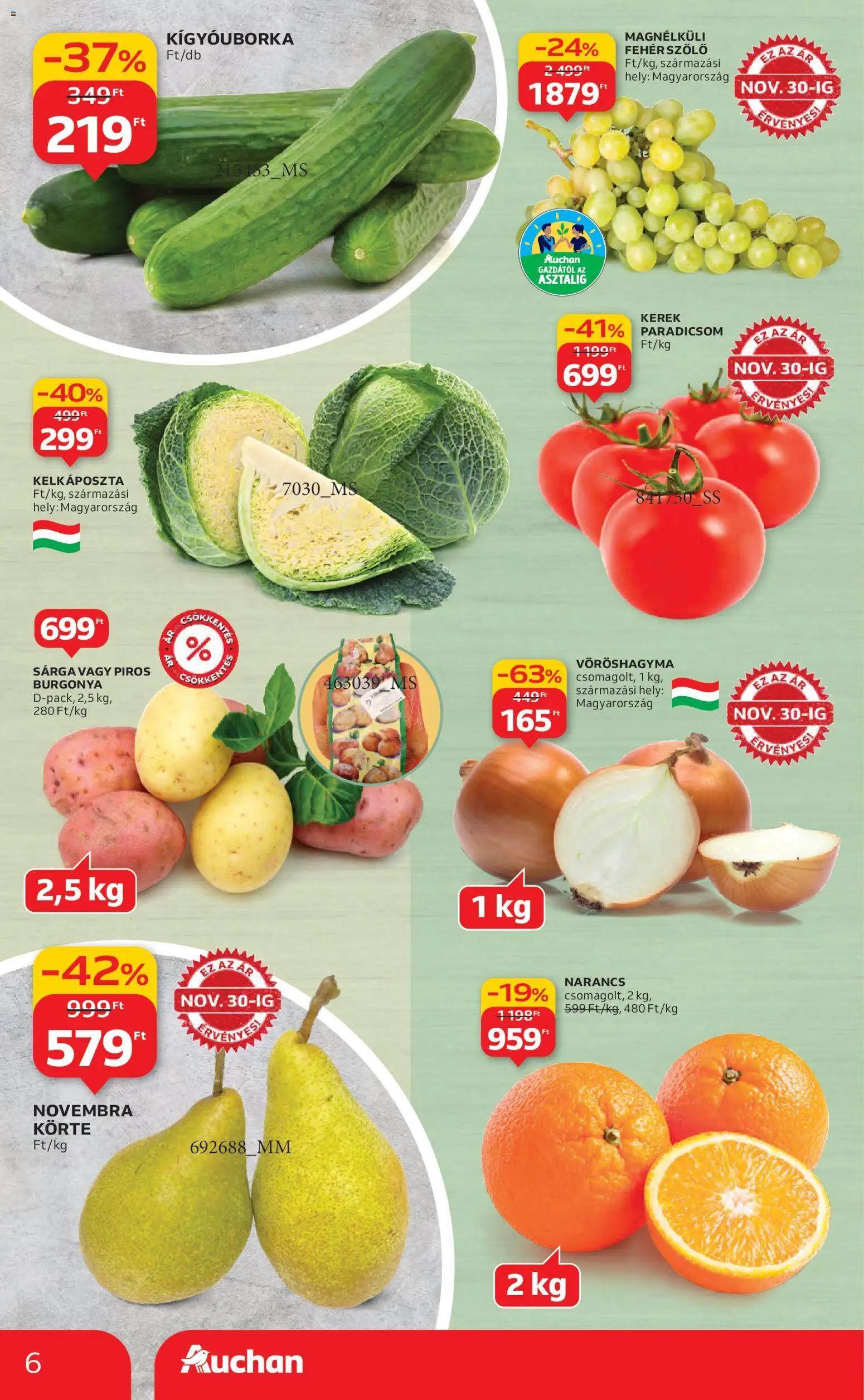 Auchan akciós ujság - amely érvényes a következő dátumtól: 27.11.2025 | Oldal: 6 | Termékek: Burgonya, Kígyóuborka, Vöröshagyma, Kelkáposzta