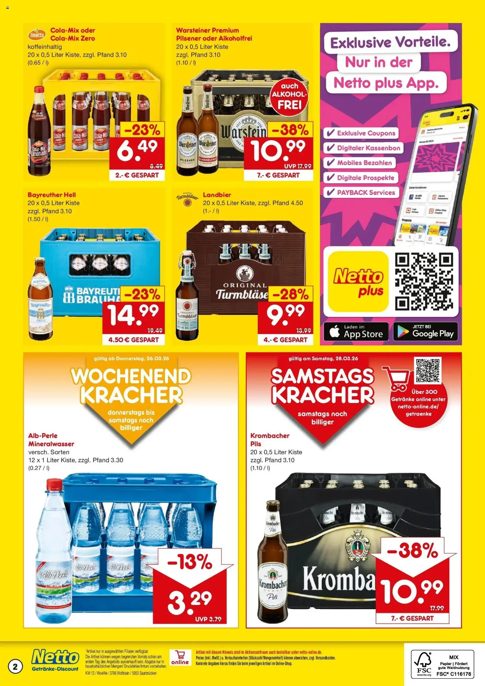 Netto Marken-Discount Prospekt Saarbrücken	 – gültig ab 23.03.2026 | Seite: 2 | Produkte: Cola, Pils, Limonade, Krombacher