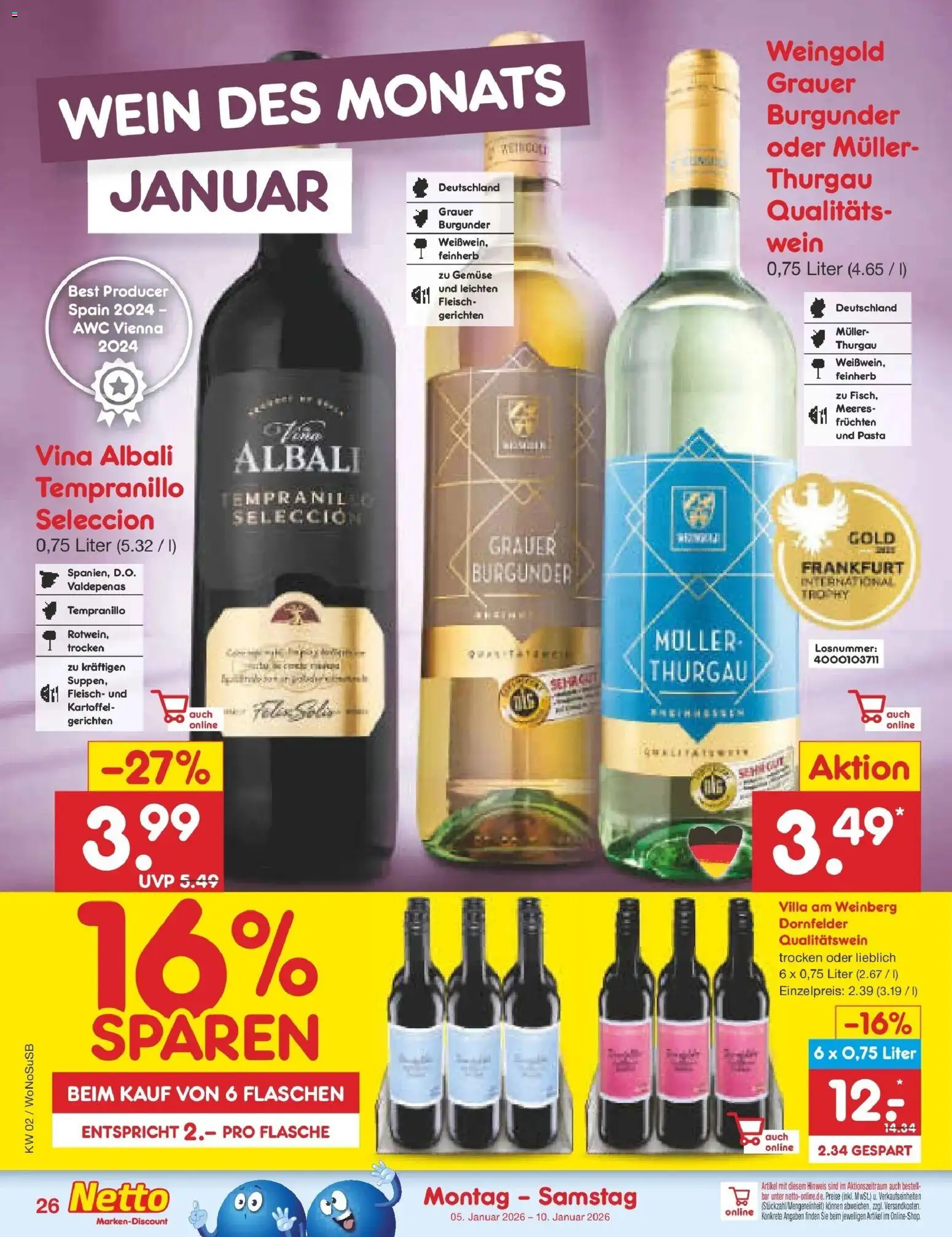 Netto Marken-Discount prospekt Rodgau	 – gültig ab 05.01.2026 | Seite: 26 | Produkte: Gemüse, Pasta, Wein, Fleisch