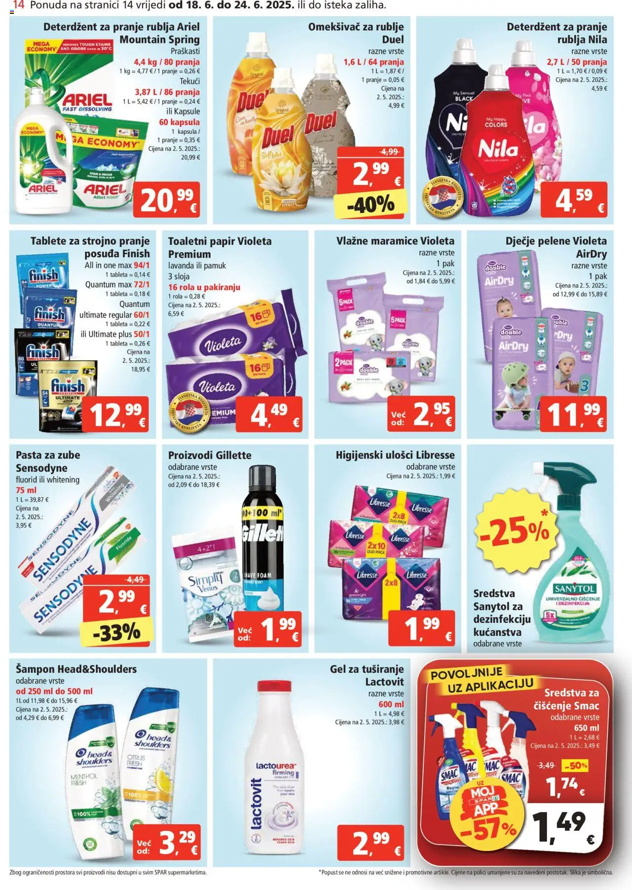Spar katalog | vrijedi od 18.06.2025 | Stranica: 14 | Proizvodi: Higijenski ulošci, Deterdžent za pranje rublja, Sredstva za čiščenje, Omekšivač