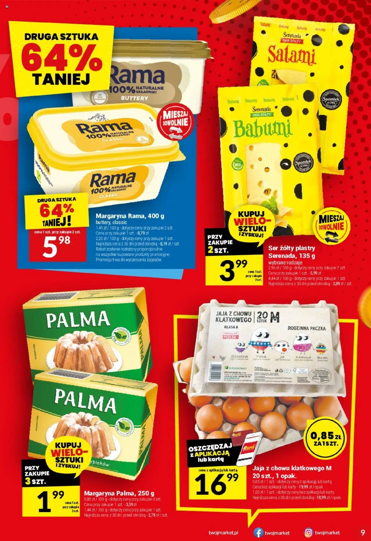 Twój Market Gazetka od 22.10.2025 | Strona: 9 | Produkty: Ser żółty, Margaryna, Ser, Salami