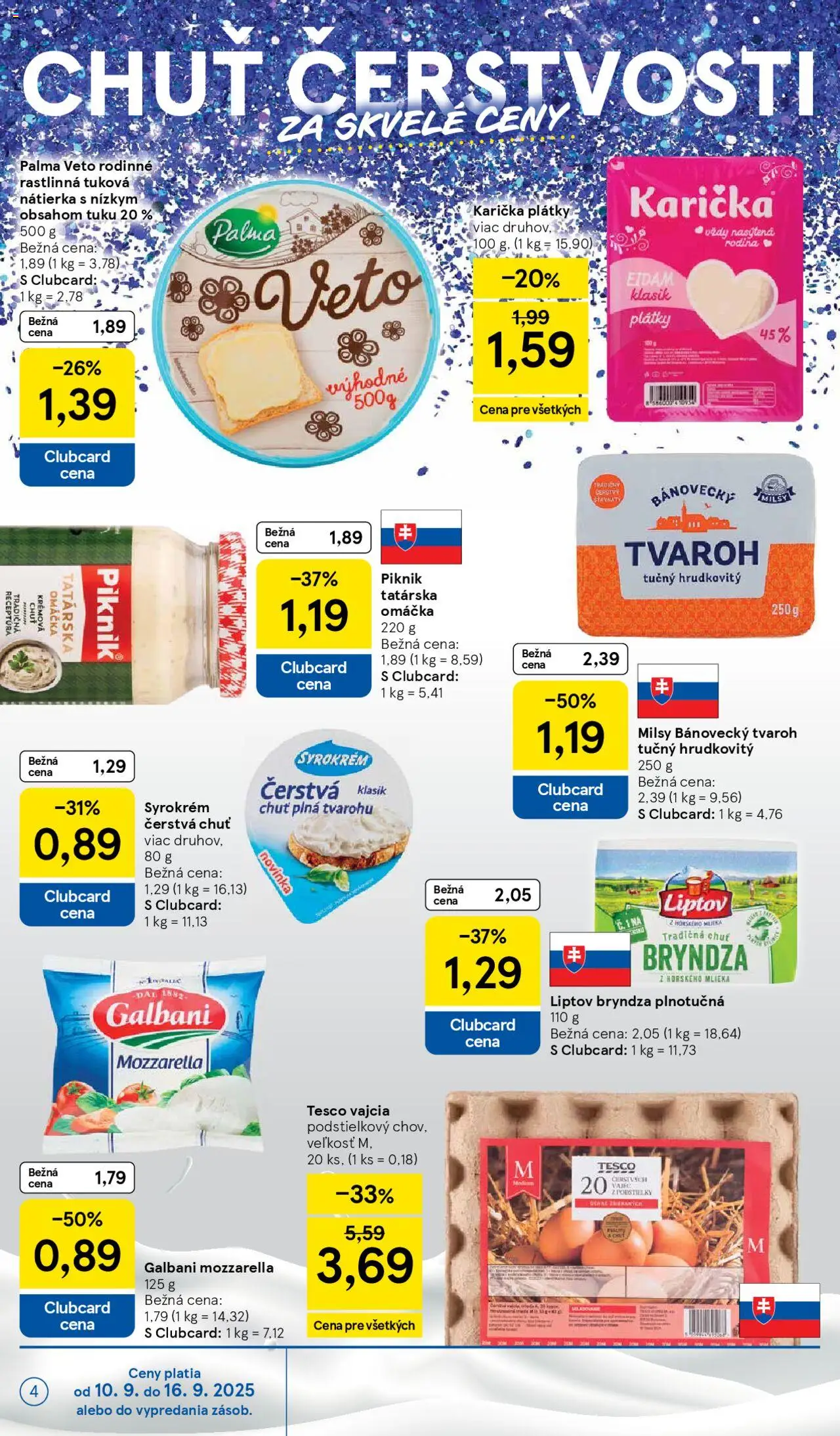 Nové Tesco akcie – leták je platný od 10.09.2025 | Strana: 4 | Produkty: Mozzarella, Tvaroh, Tatárska omáčka, Omáčka