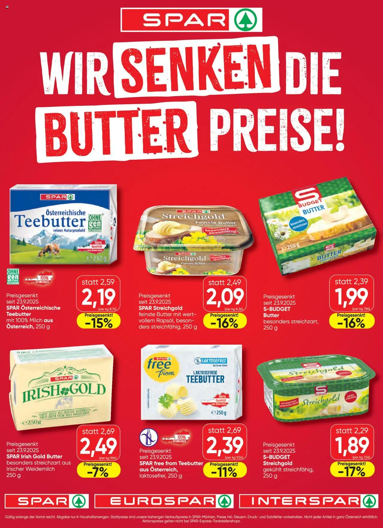 Spar Kärnten Preissenkung Butter gültig ab 27.09.2025 | Seite: 1 | Produkte: Milch, Butter