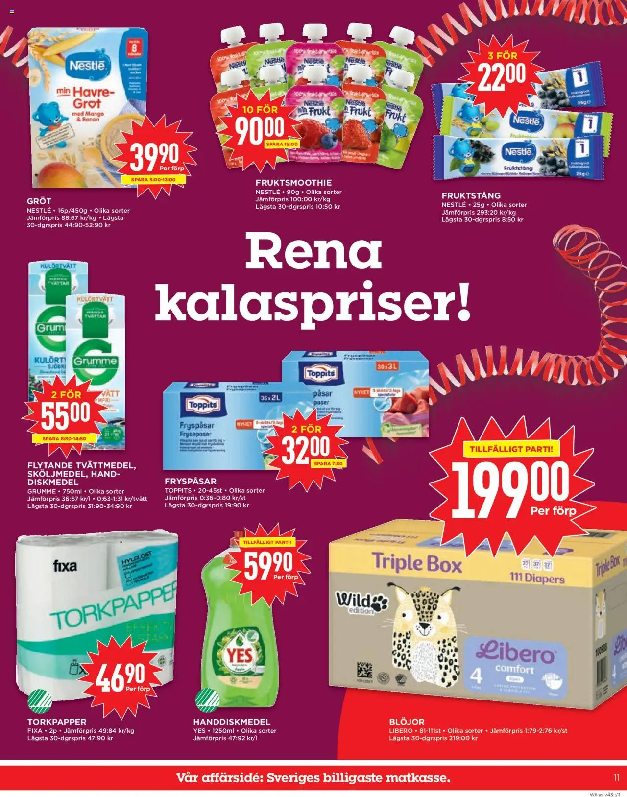 Willys reklamblad aktuell från 20.10.2025 | Sida: 11 | Produkter: Diskmedel, Handdiskmedel, Blöjor, Mango