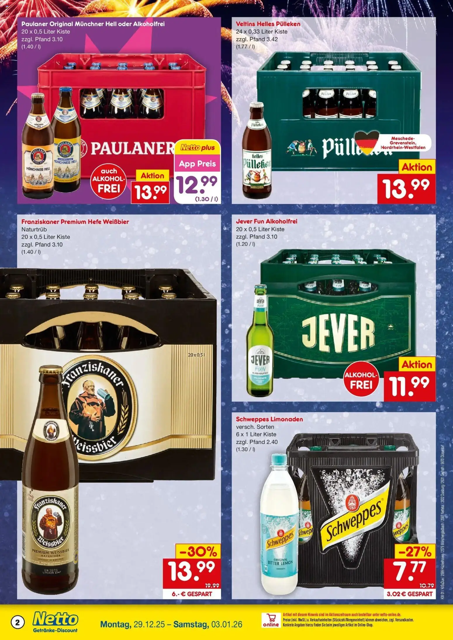 Netto Marken-Discount prospekt Nettetal	 – gültig ab 28.12.2025 | Seite: 2 | Produkte: Helles pulleken, Schweppes, Jever, Paulaner