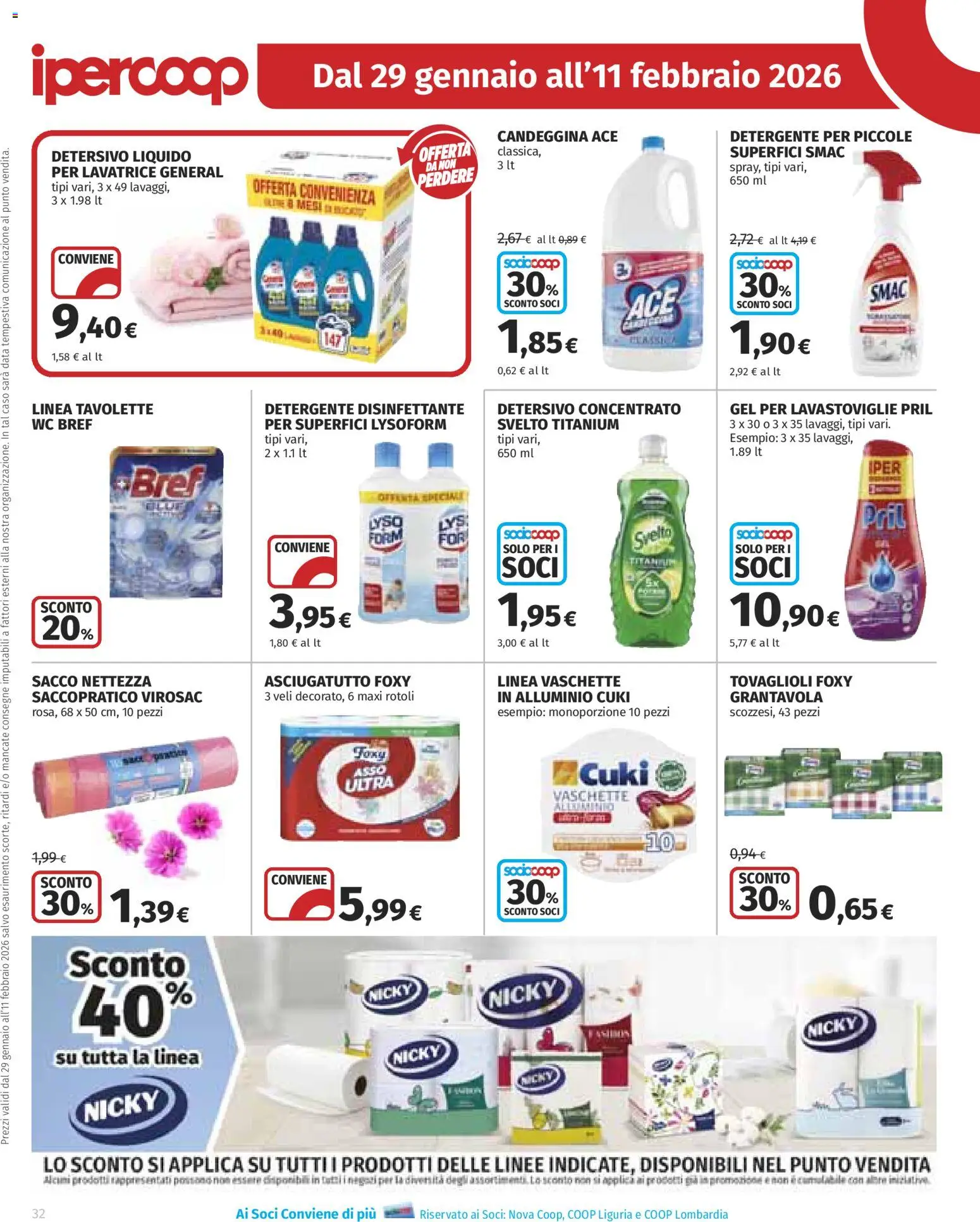 Volantino Ipercoop del 29.01.2026 | Pagina: 32 | Prodotti: Candeggina, Lavastoviglie, Data, WC