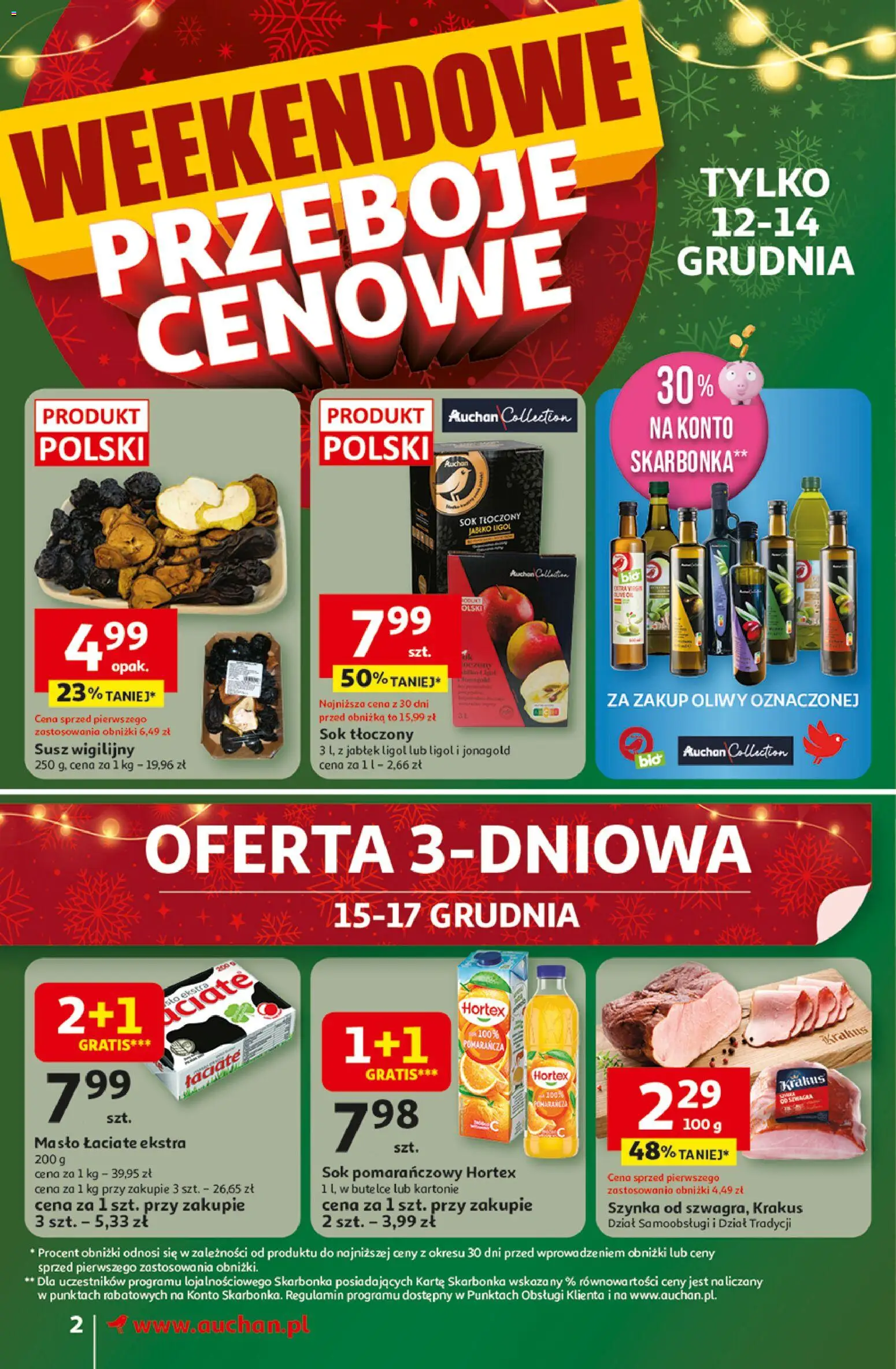 Auchan Gazetka od 11.12.2025 | Strona: 2 | Produkty: Sok pomarańczowy, Szynka, Masło, Masło łaciate