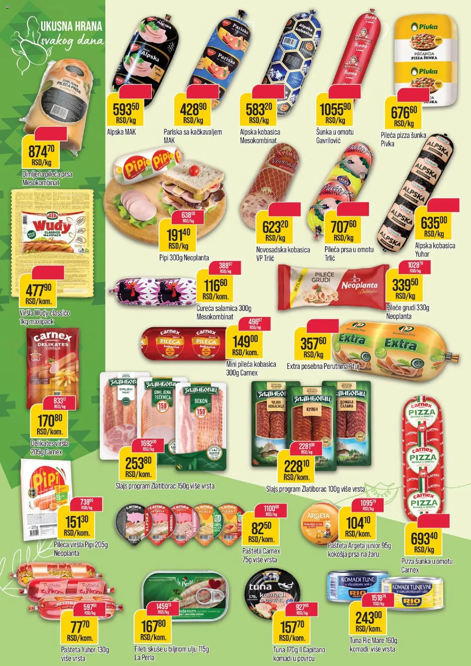 Zlatan Trag katalog - važi od 02.01.2026 | Strana: 6 | Proizvode: Rio mare, Dimljena pileća prsa, Perutnina Ptuj, Pizza šunka