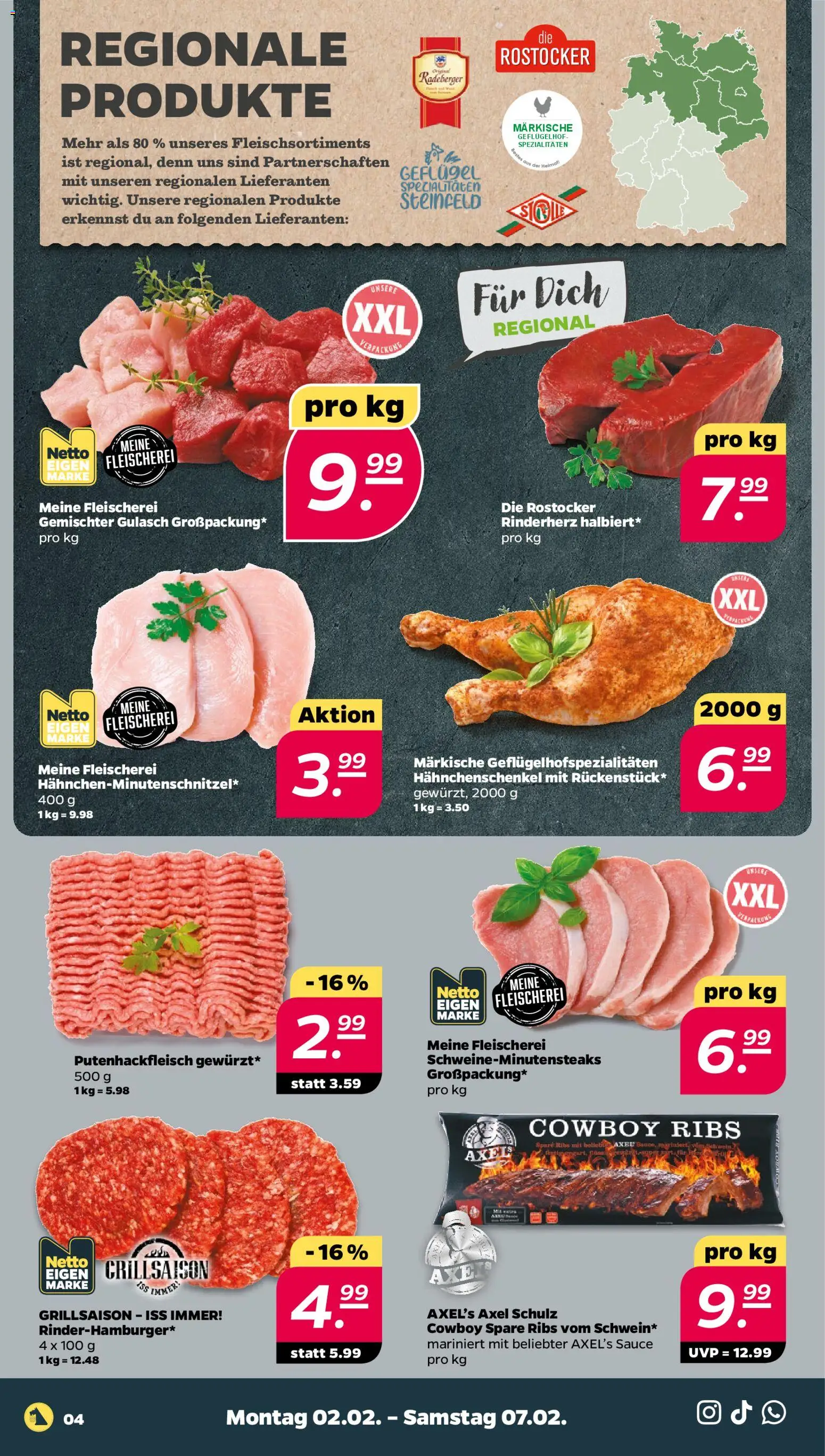 Netto Prospekt 	 – gültig ab 02.02.2026 | Seite: 4 | Produkte: Hahnchenschenkel, Spare ribs, Gulasch