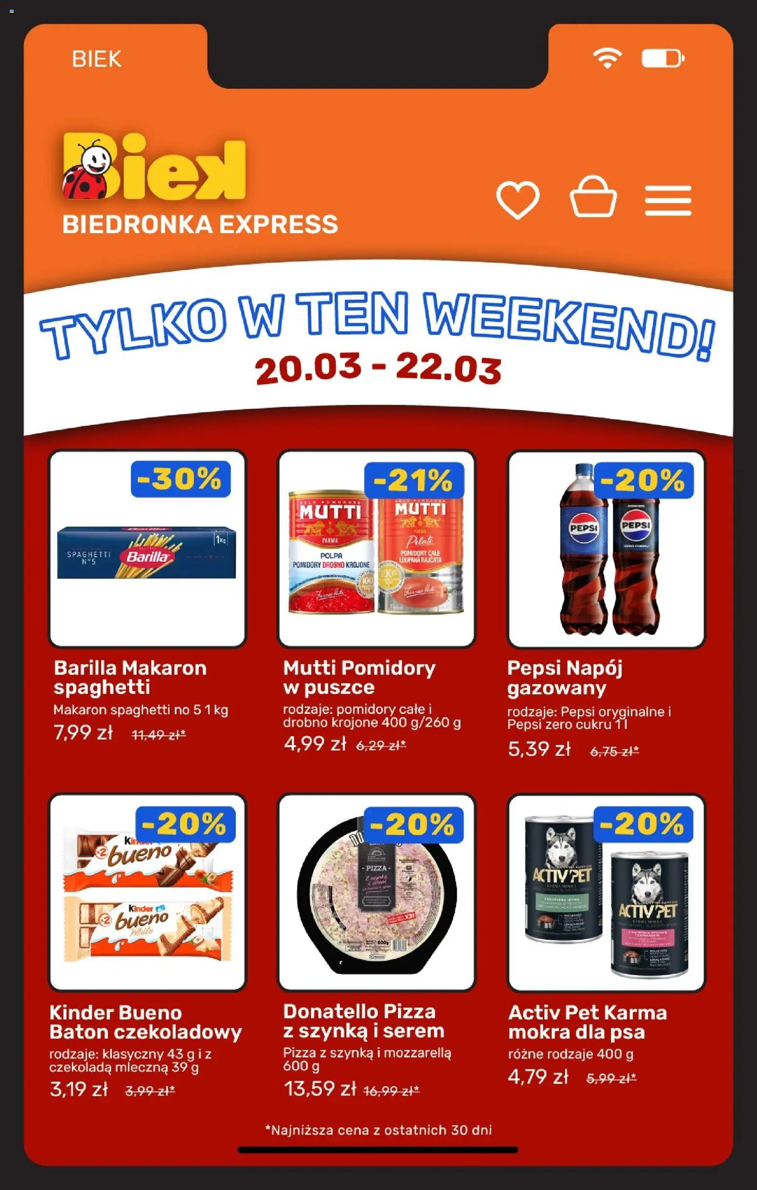 Biedronka gazetka - BIEK Express od 20.03.2026 | Strona: 3 | Produkty: Makaron spaghetti, Pomidory w puszce, Baton, Activ pet karma