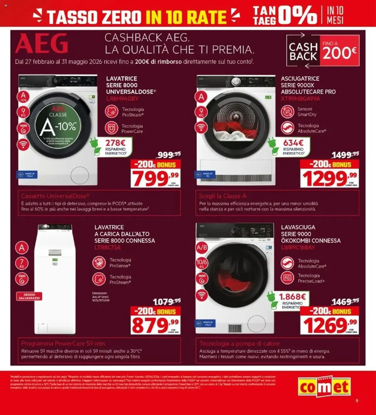 Volantino Comet del 09.04.2026 | Pagina: 9 | Prodotti: Lavasciuga, Lavatrice, Asciugatrice