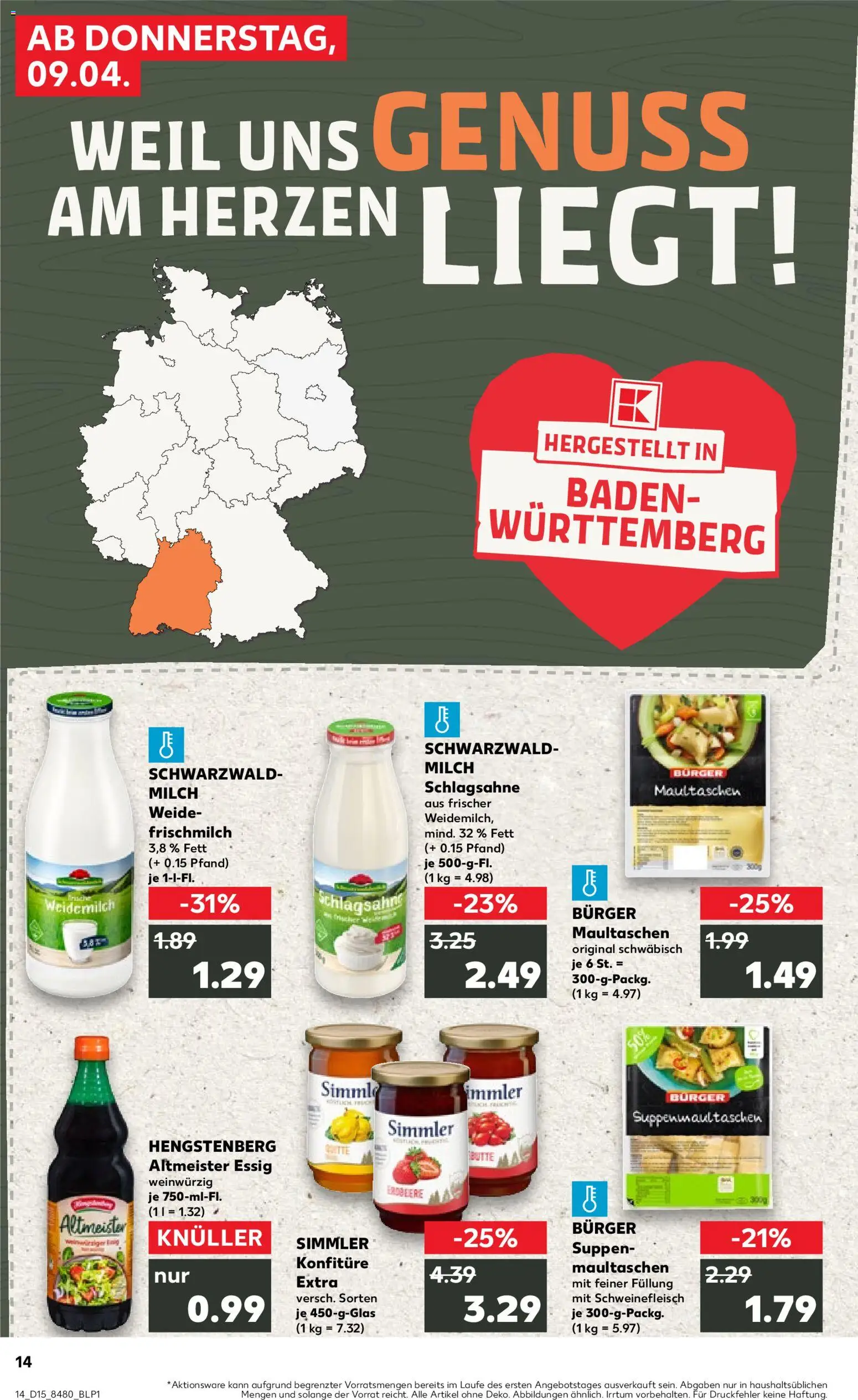 Kaufland Prospekt Stuttgart	 – gültig ab 09.04.2026 | Seite: 14 | Produkte: Schlagsahne, Milch, Burger, Schweinefleisch