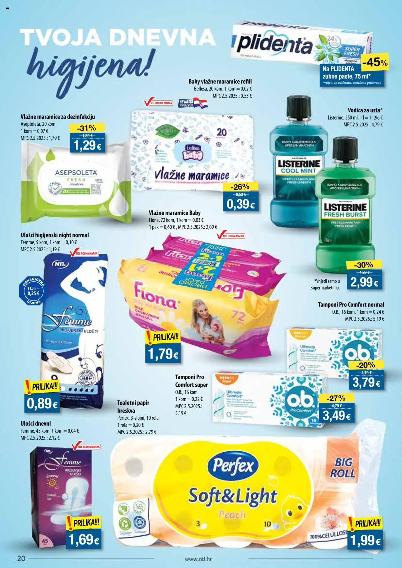 NTL katalog | vrijedi od 30.07.2025 | Stranica: 20 | Proizvodi: Tamponi, Vlažne maramice, Toaletni papir, Breskva