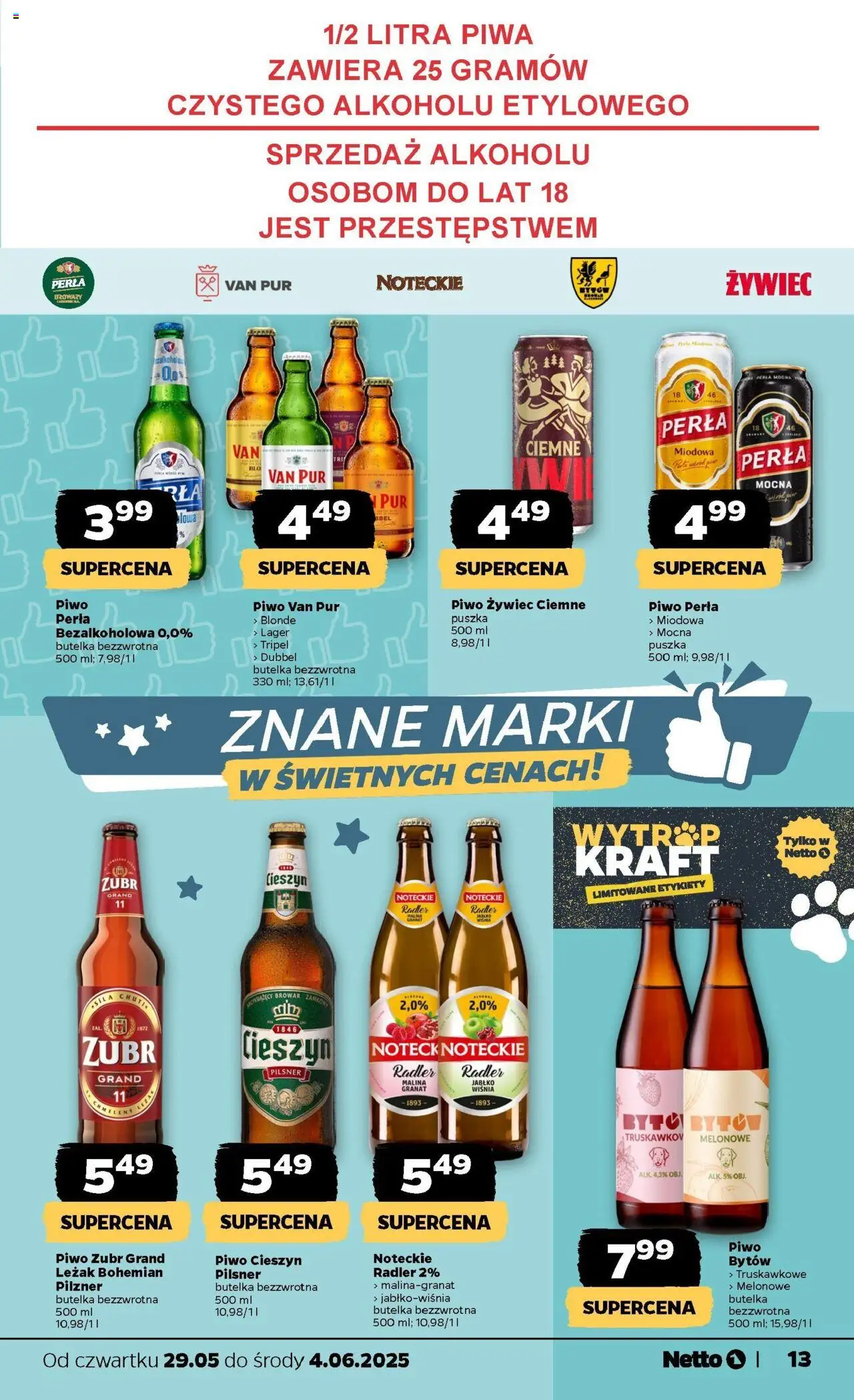Netto gazetka - Spożywcza od 29.05.2025 | Strona: 13 | Produkty: Piwo żubr, Malina, Piwo perła, Piwo