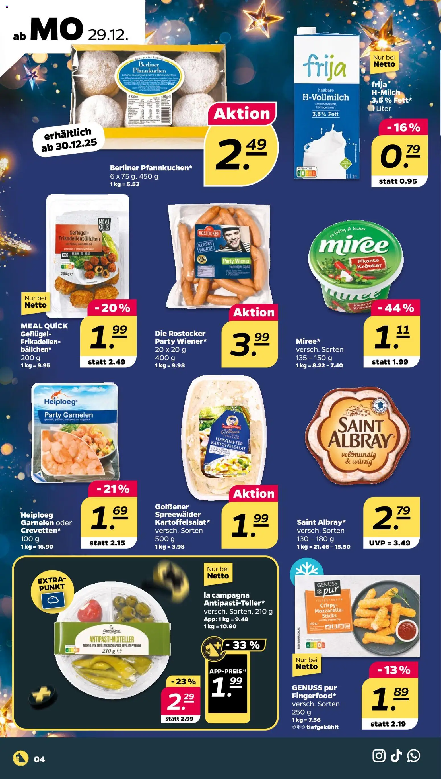 Netto Prospekt 	 – gültig ab 29.12.2025 | Seite: 4 | Produkte: Berliner, Mozzarella, Garnelen, Wurst