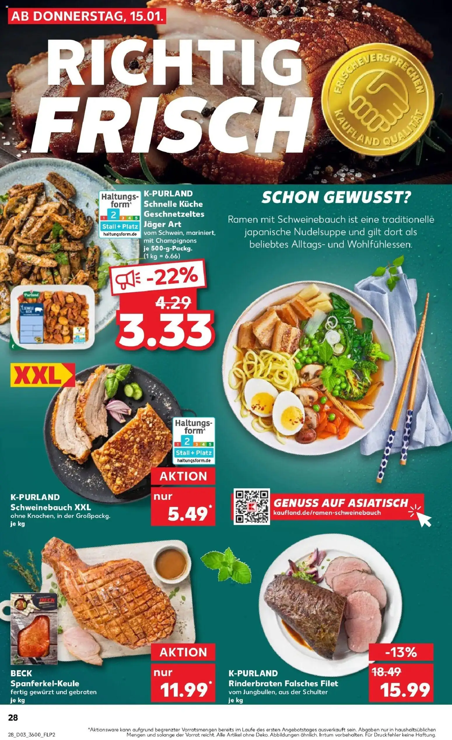 Kaufland prospekt Aue-Bad Schlema	 – gültig ab 15.01.2026 | Seite: 28 | Produkte: Rinderbraten, Schweinebauch, Küche, Champignons