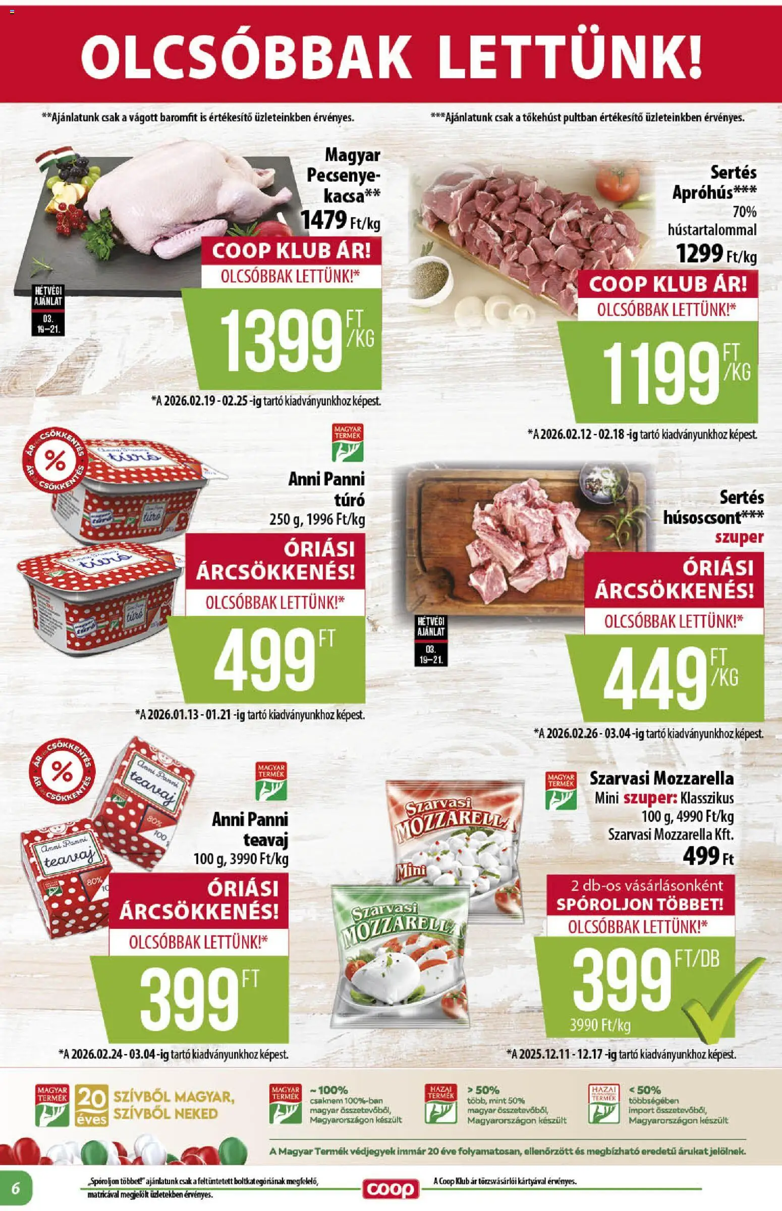 COOP akciós ujság - amely érvényes a következő dátumtól: 19.03.2026 | Oldal: 6 | Termékek: Mozzarella, Teavaj, Kacsa, Túró