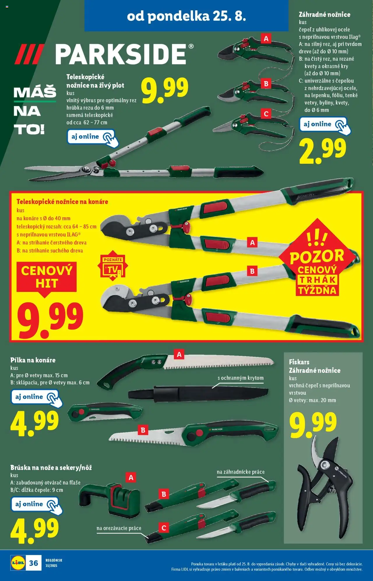 Lidl leták │ platný od 25.08.2025 | Strana: 50 | Produkty: Nožnice na konáre, Nožnice na živý plot, Parkside