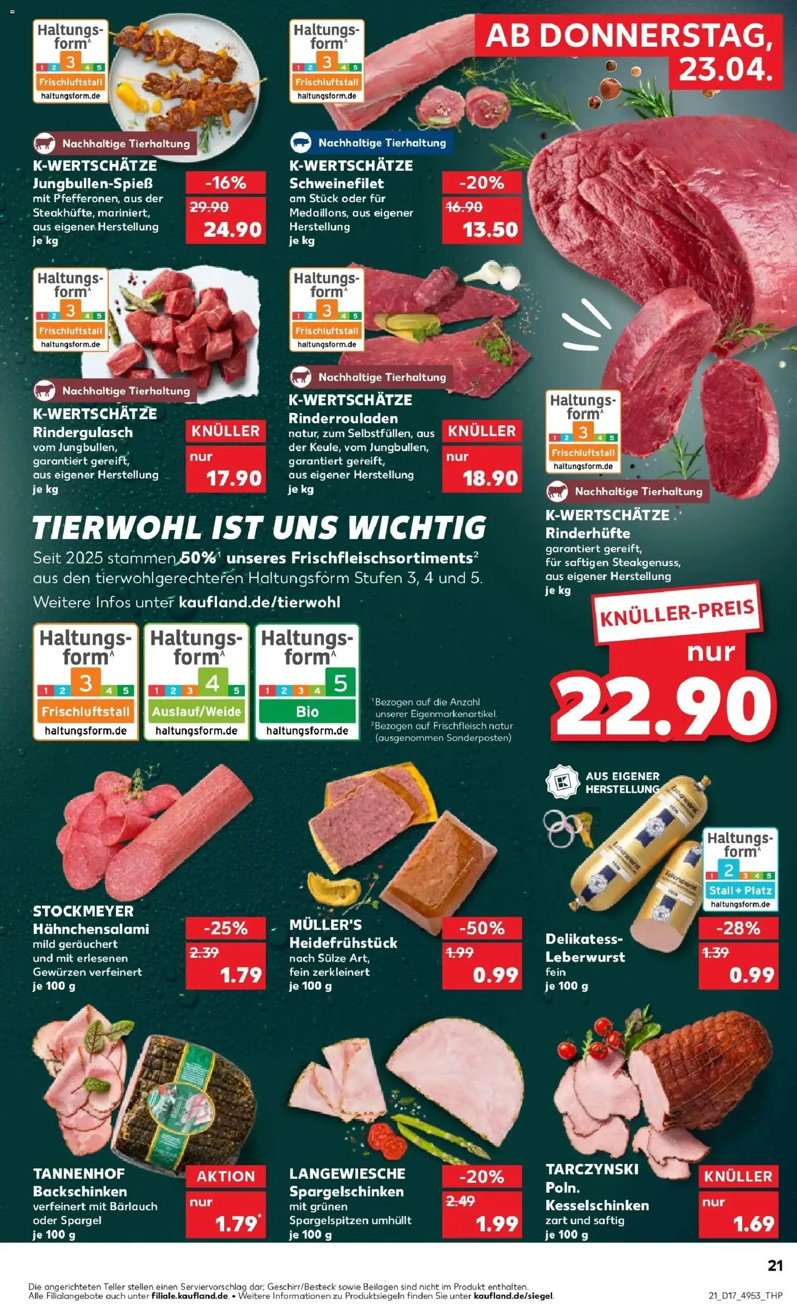 Kaufland Prospekt Menden (Sauerland)	 – gültig ab 23.04.2026 | Seite: 21 | Produkte: Rinderrouladen, Rindergulasch, Schweinefilet, Salami