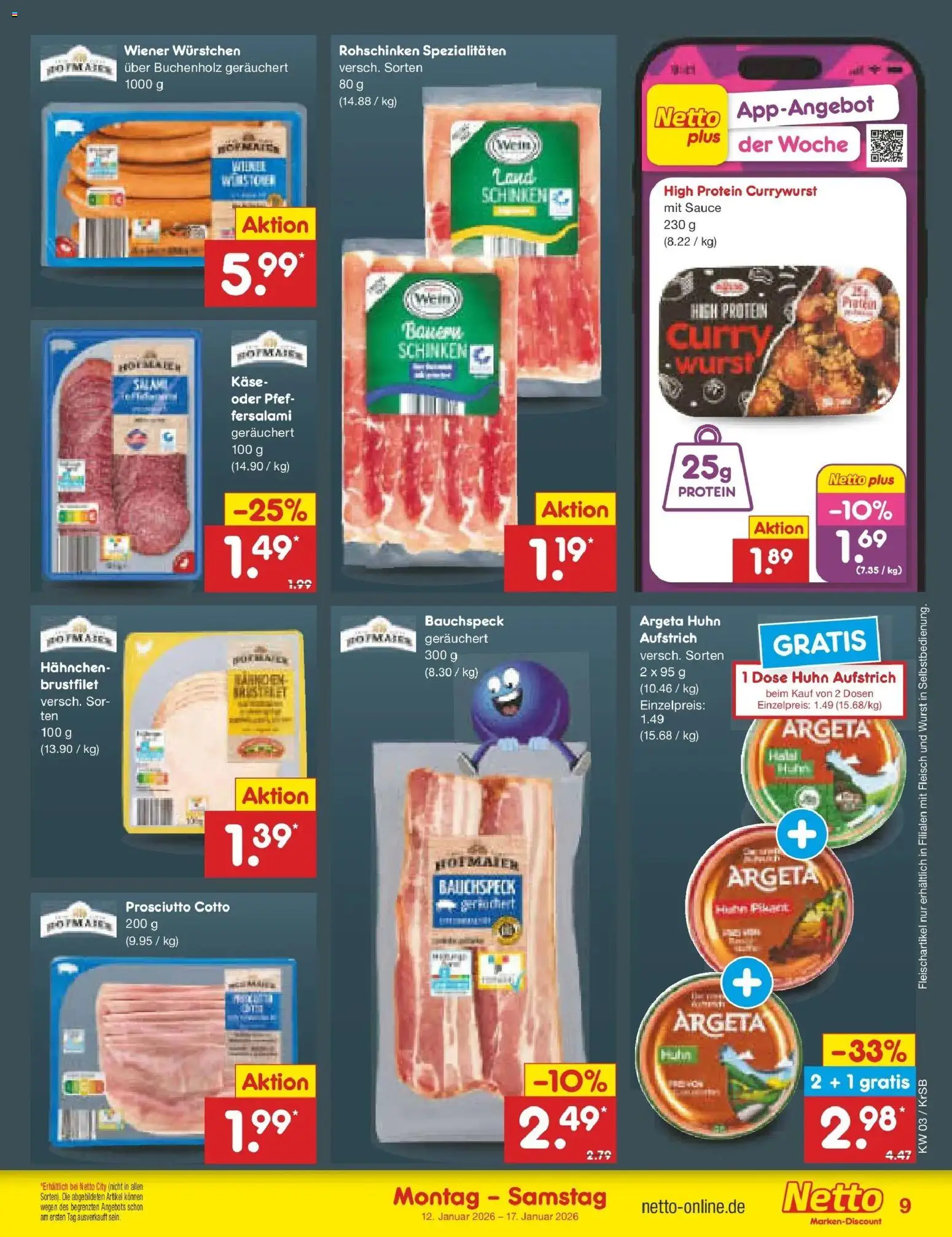 Netto Marken-Discount prospekt Jüchen	 – gültig ab 12.01.2026 | Seite: 9 | Produkte: Wiener wurstchen, Wurst, Salami, Fleisch