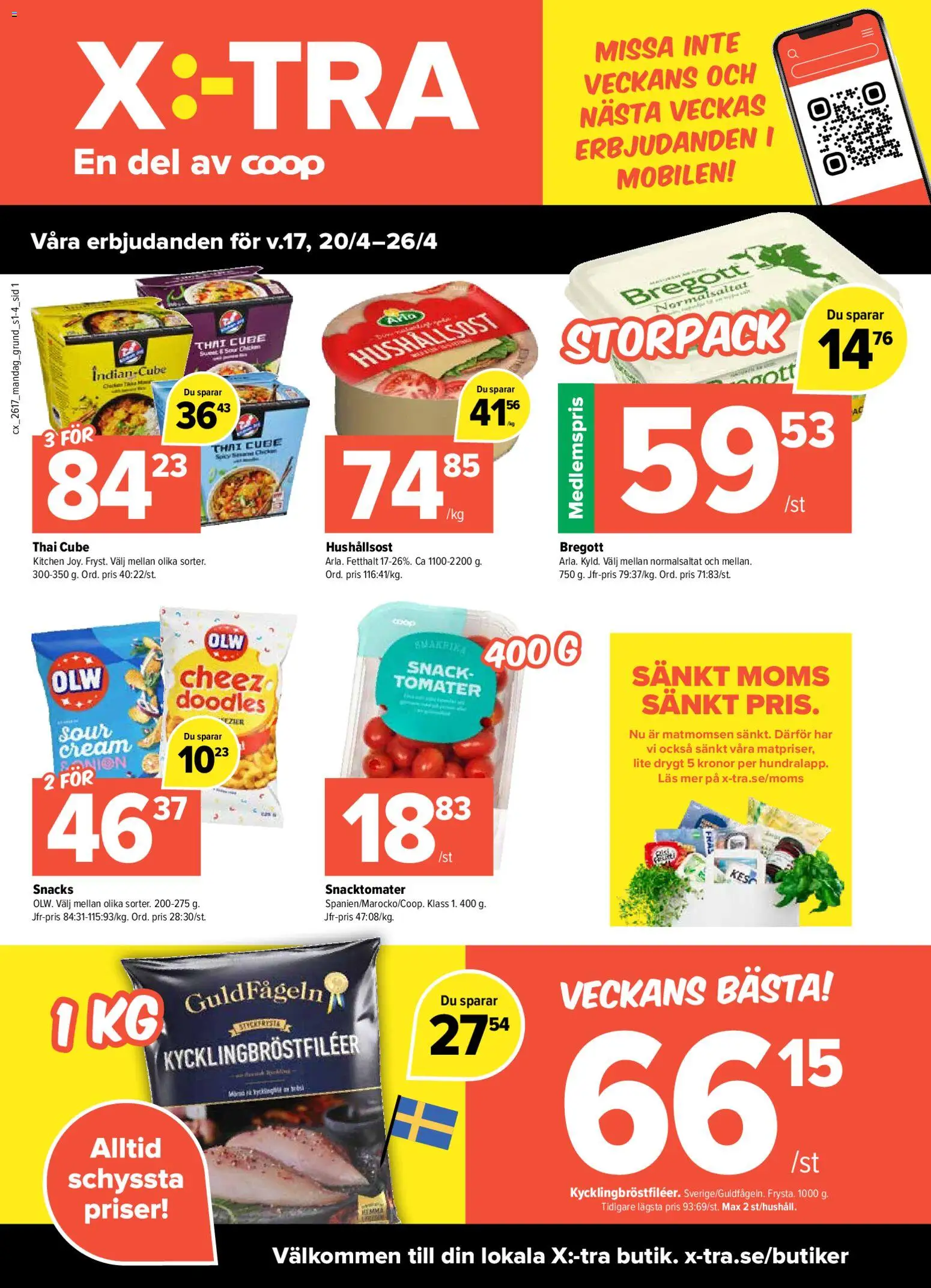 Coop X:-TRA reklamblad aktuell från 20.04.2026 | Sida: 1 | Produkter: Hushållsost, Bregott, Tomater
