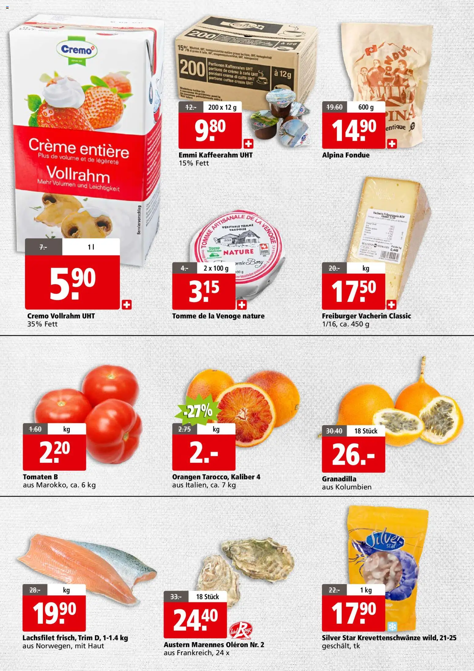 Aligro Aktionen Business Chavannes, Matran, Genf, Sitten – gültig ab 26.12.2025 | Seite: 2 | Produkte: Orangen, Tomaten, Fondue, Creme