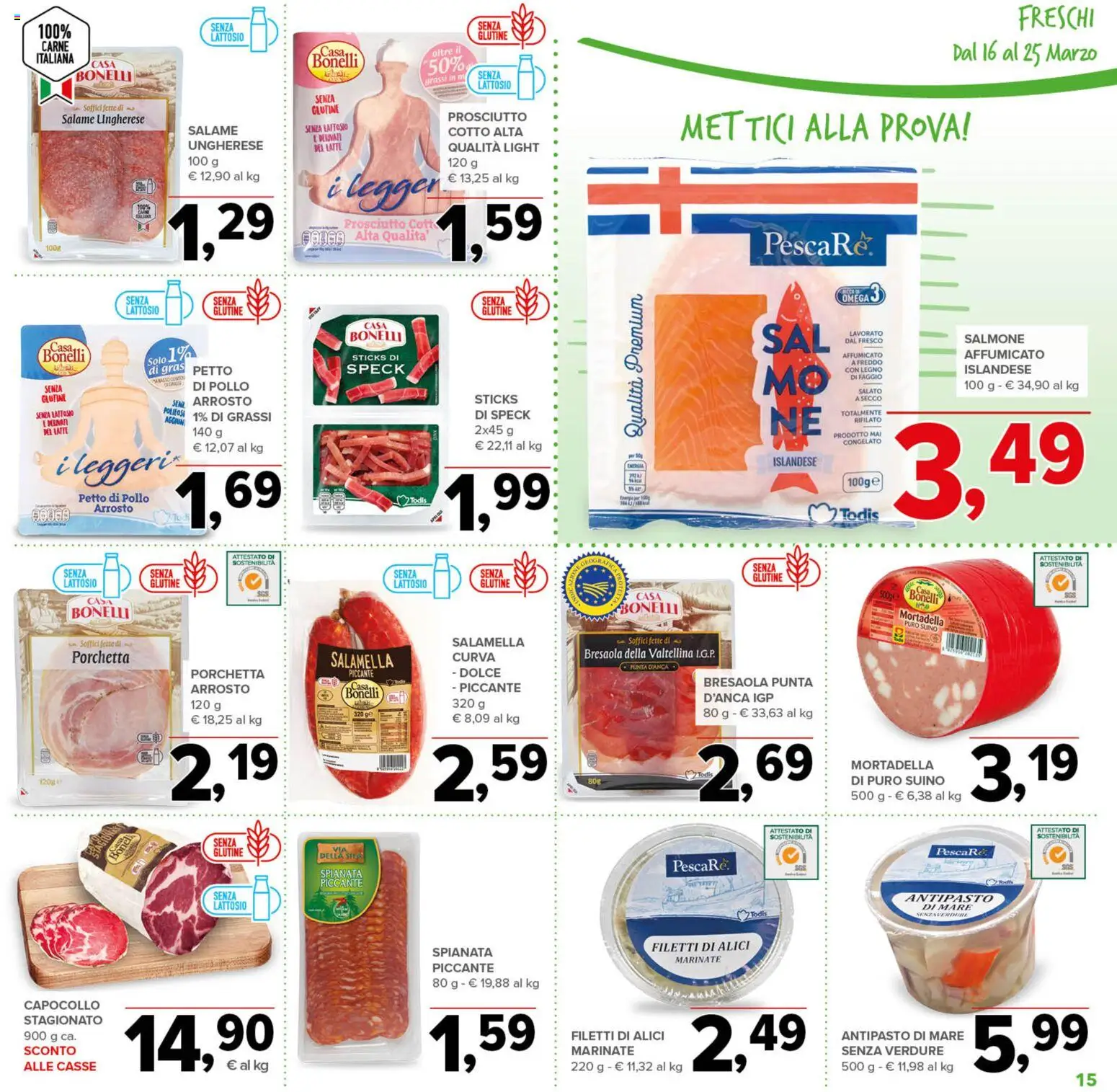 Volantino Todis del 16.03.2026 | Pagina: 15 | Prodotti: Petto di Pollo, Salmone, Suino, Alici