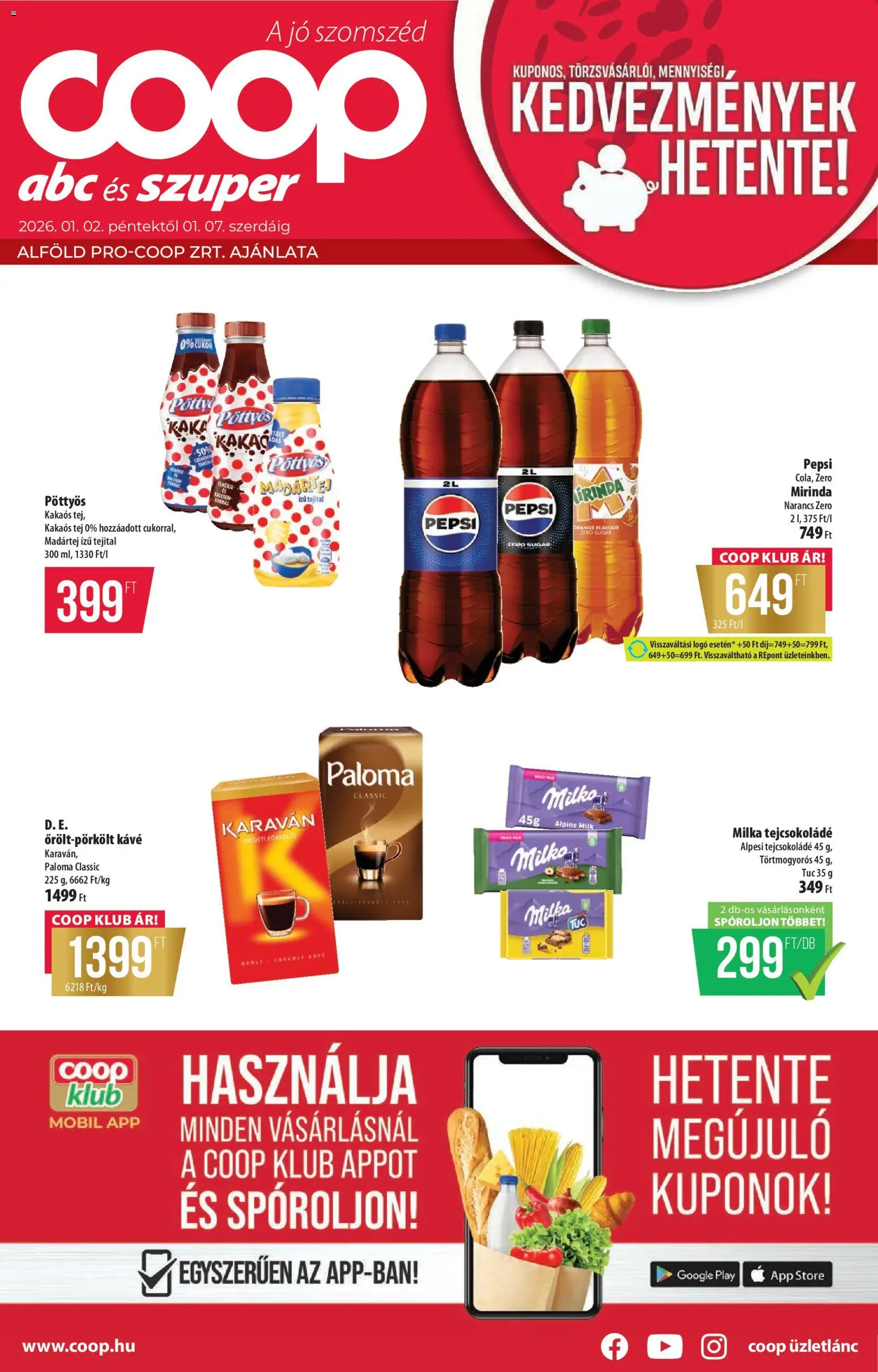 COOP akciós ujság - amely érvényes a következő dátumtól: 02.01.2026 | Oldal: 1 | Termékek: Pepsi, Tejcsokoládé, Narancs, Kakaós tej