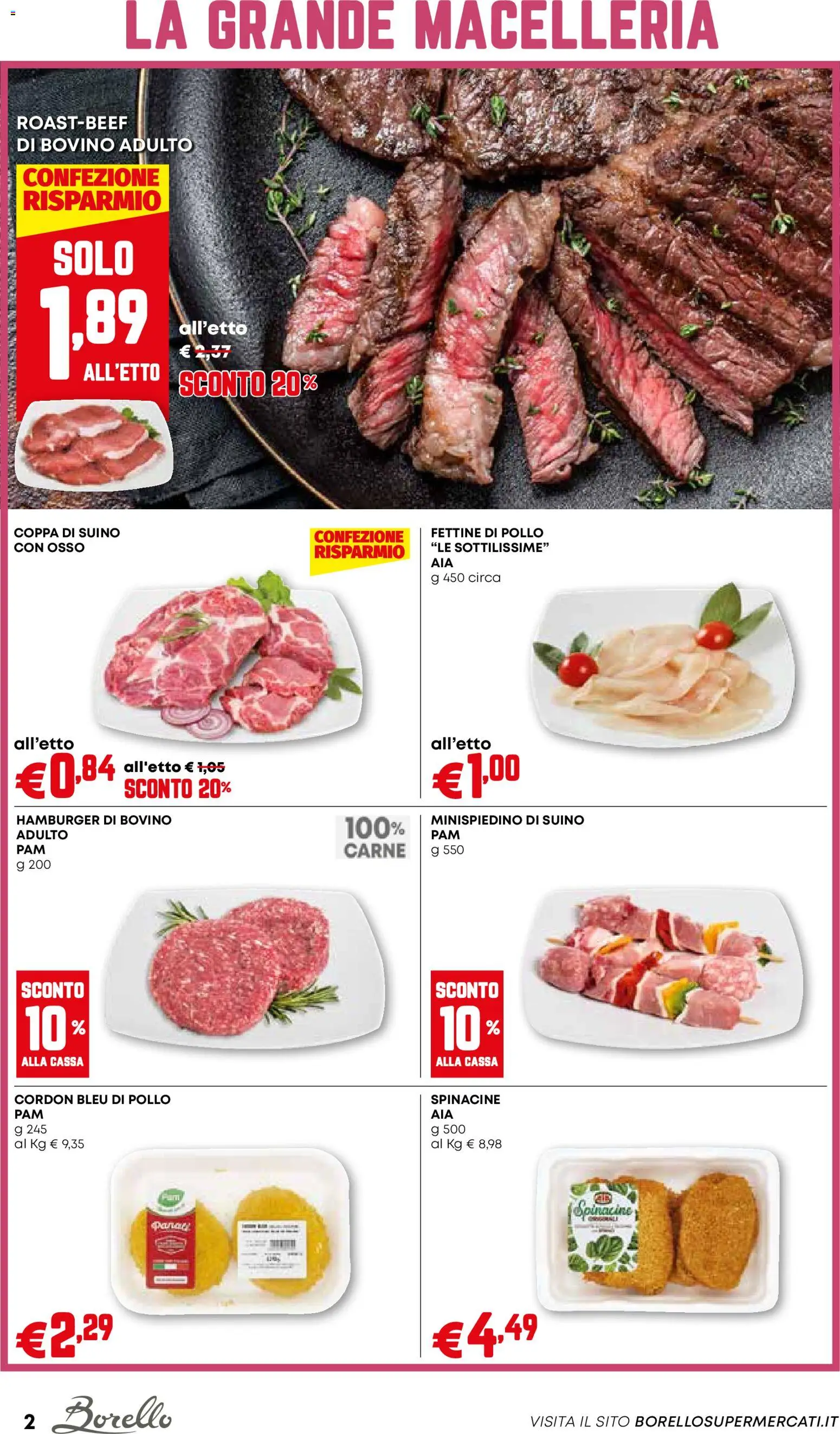 Volantino Borello Supermercati del 23.10.2025 | Pagina: 2 | Prodotti: Bovino, Pollo, Suino, Hamburger