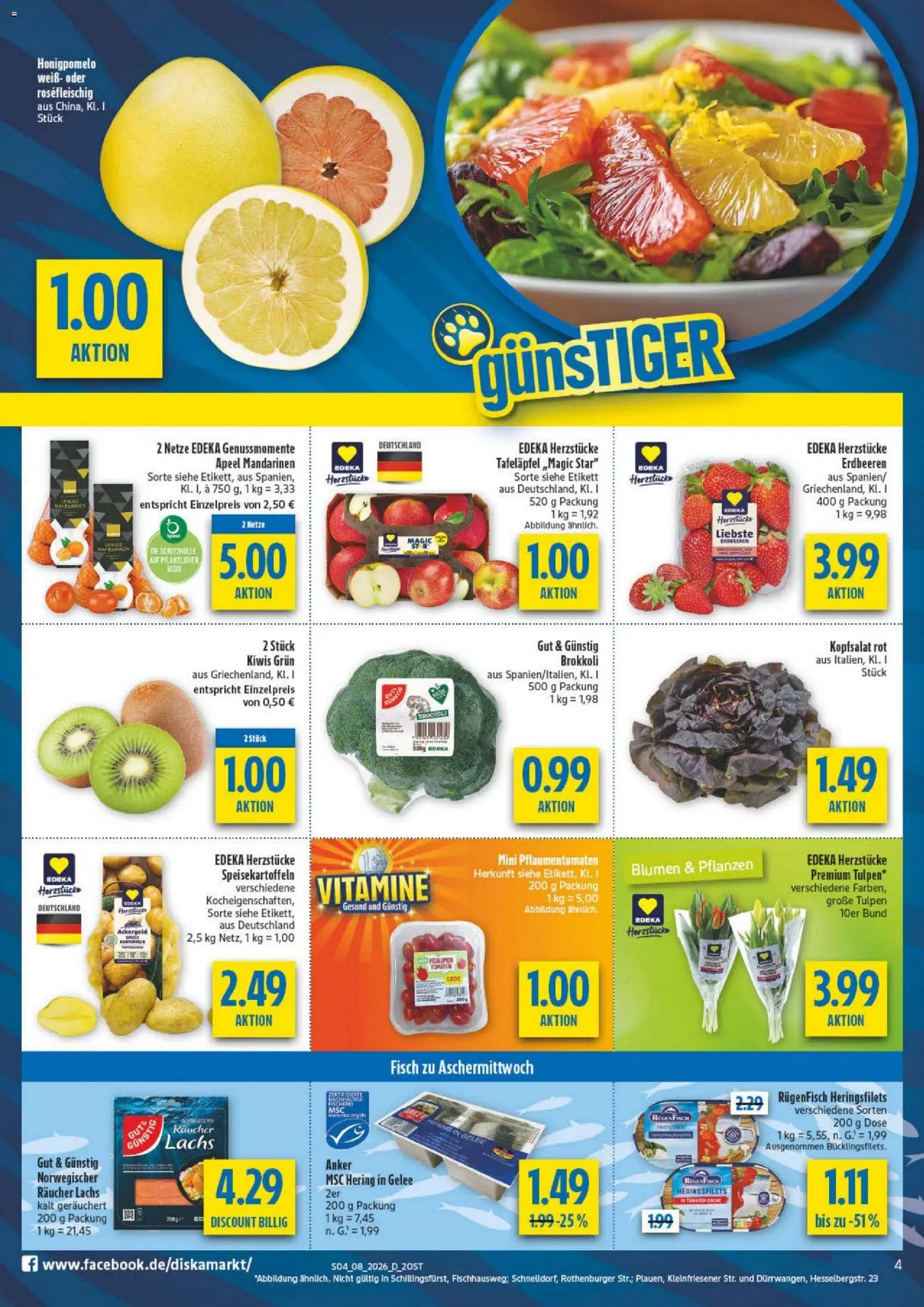 Diska - Diska Angebote Sachsen-Thüringen KW08 – gültig ab 16.02.2026 | Seite: 4 | Produkte: Pflaumen, Tomaten, Fisch, Erdbeeren