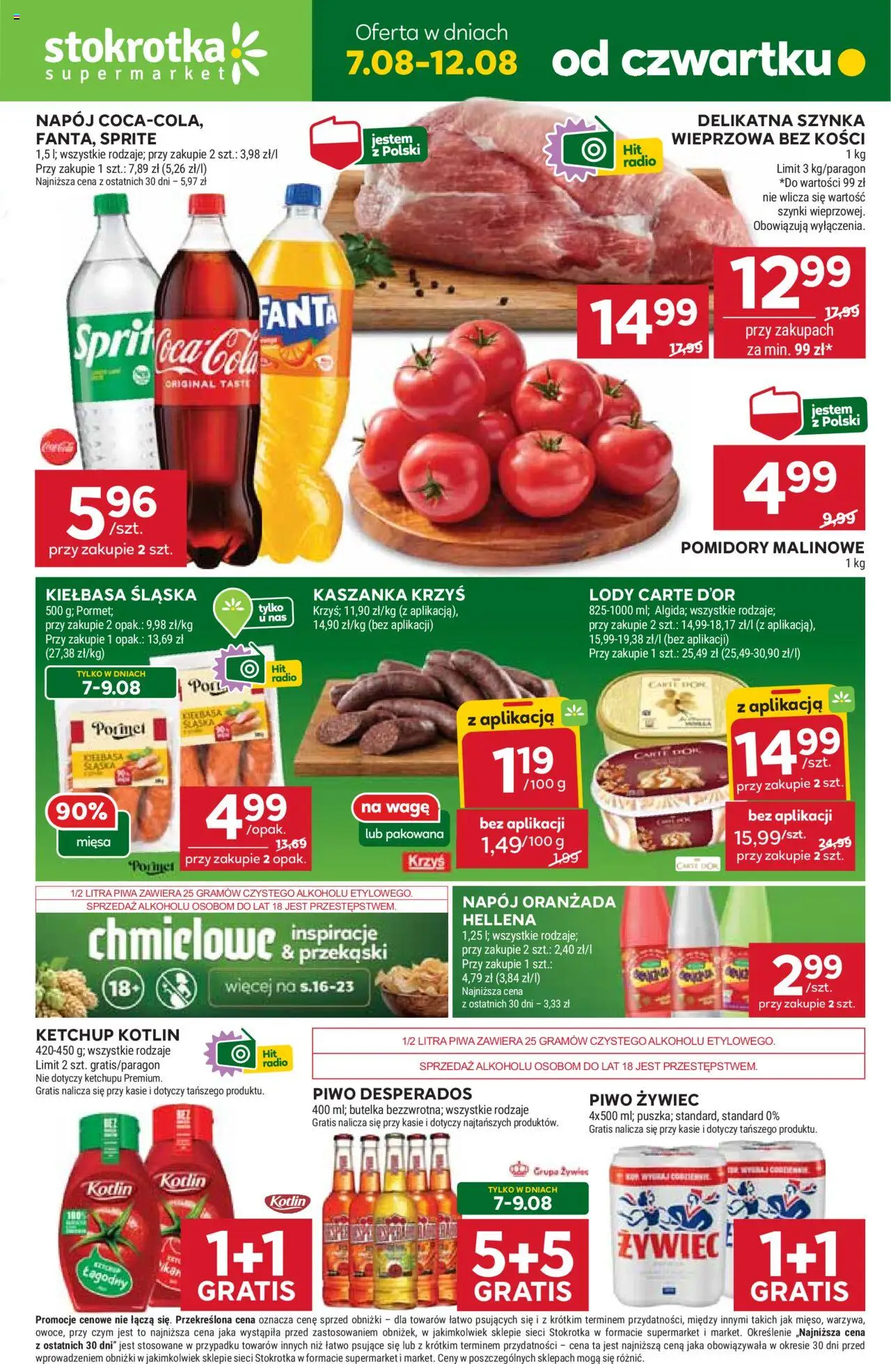 Stokrotka Gazetka od 07.08.2025 | Strona: 1 | Produkty: Kiełbasa, Piwo Desperados, Kiełbasa śląska, Pomidory