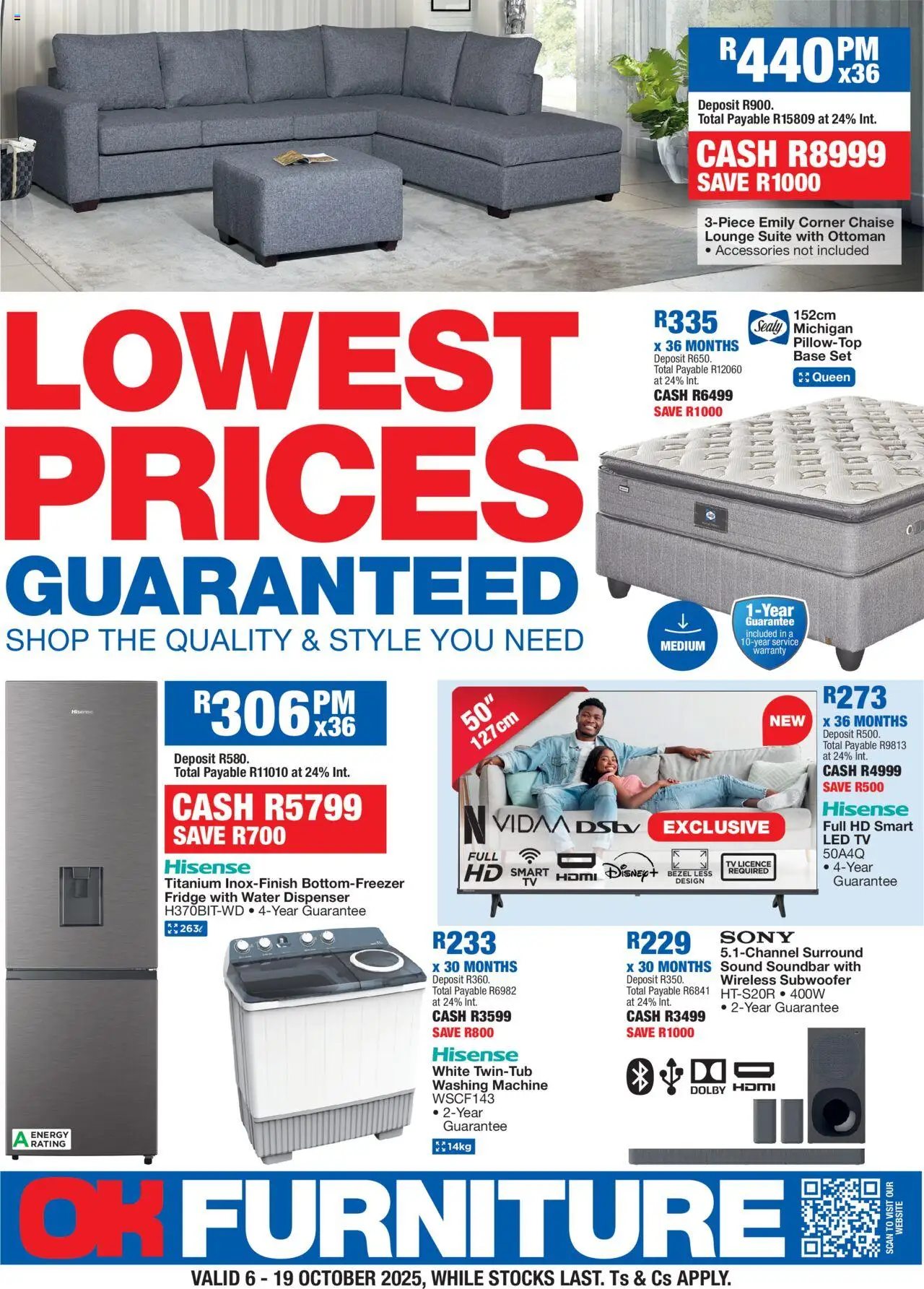 New OK Furniture catalogue – valid from 06.10.2025 | Page: 1 | Products: Washing machine, Fridge, Ottoman, Water