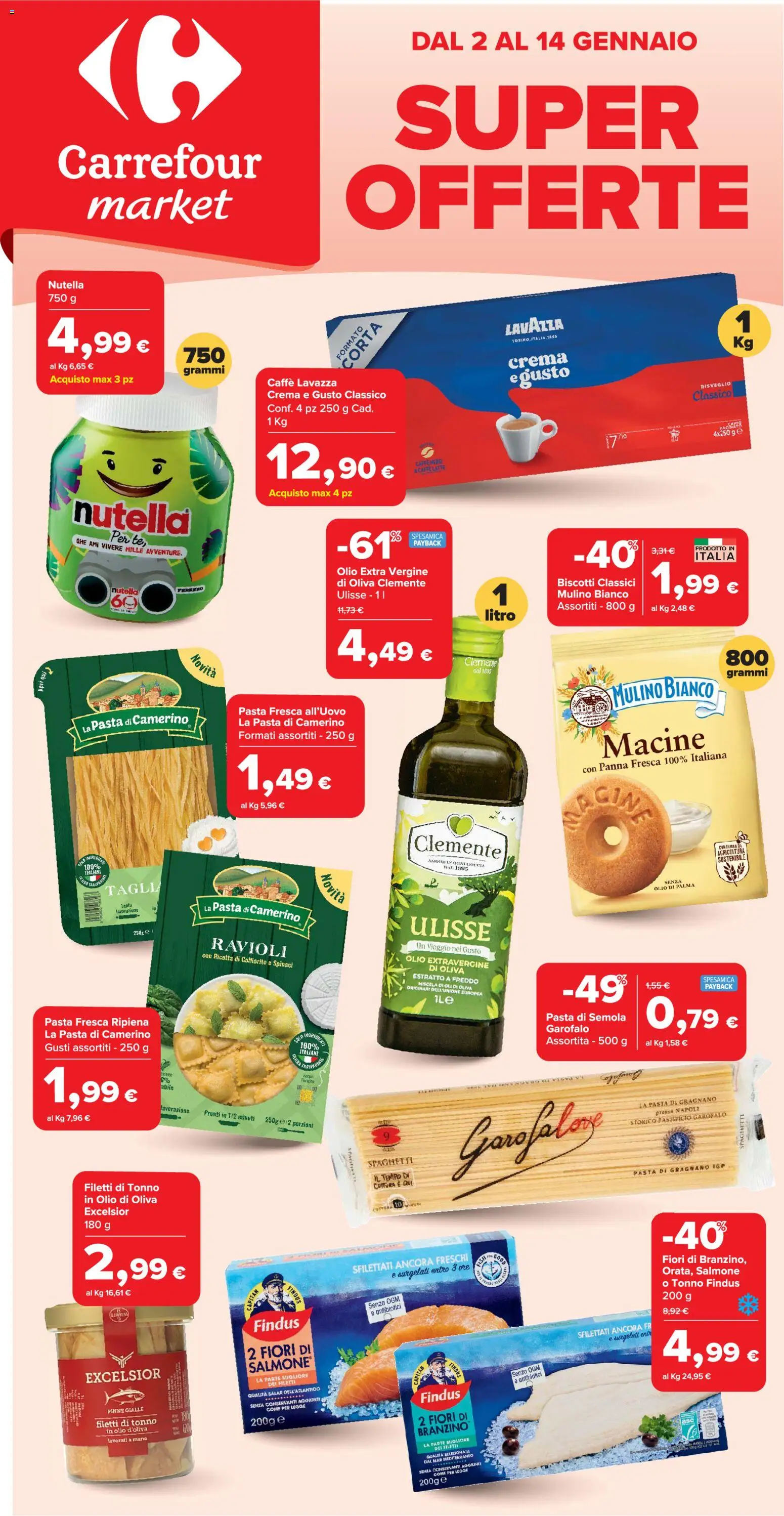 Volantino Carrefour del 02.01.2026 | Pagina: 1 | Prodotti: Biscotti, Nutella, Olio extra vergine, Lavazza