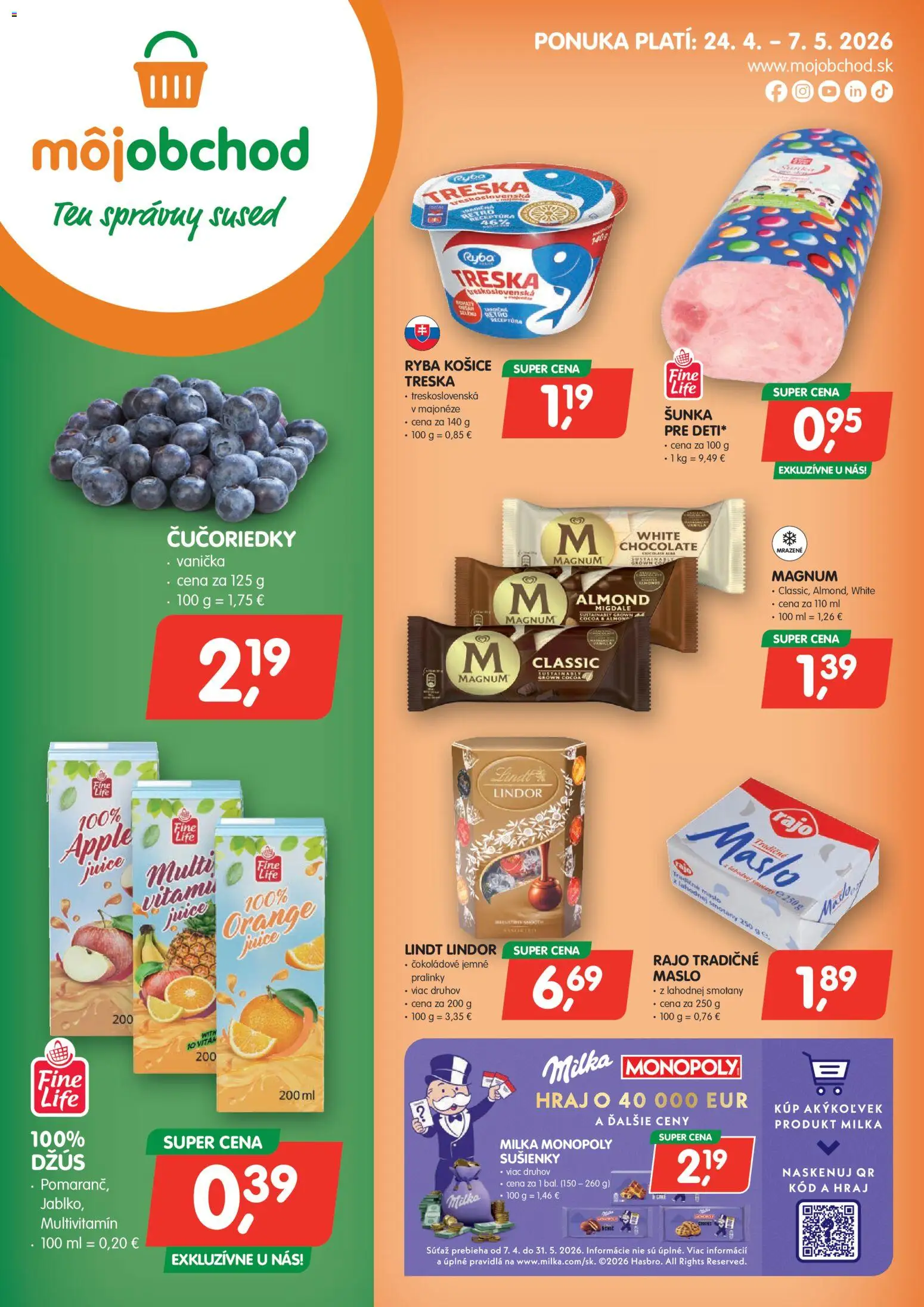 Nové Môj obchod akcie – leták je platný od 24.04.2026 | Strana: 1 | Produkty: Lindor, Apple, Magnum, Milka