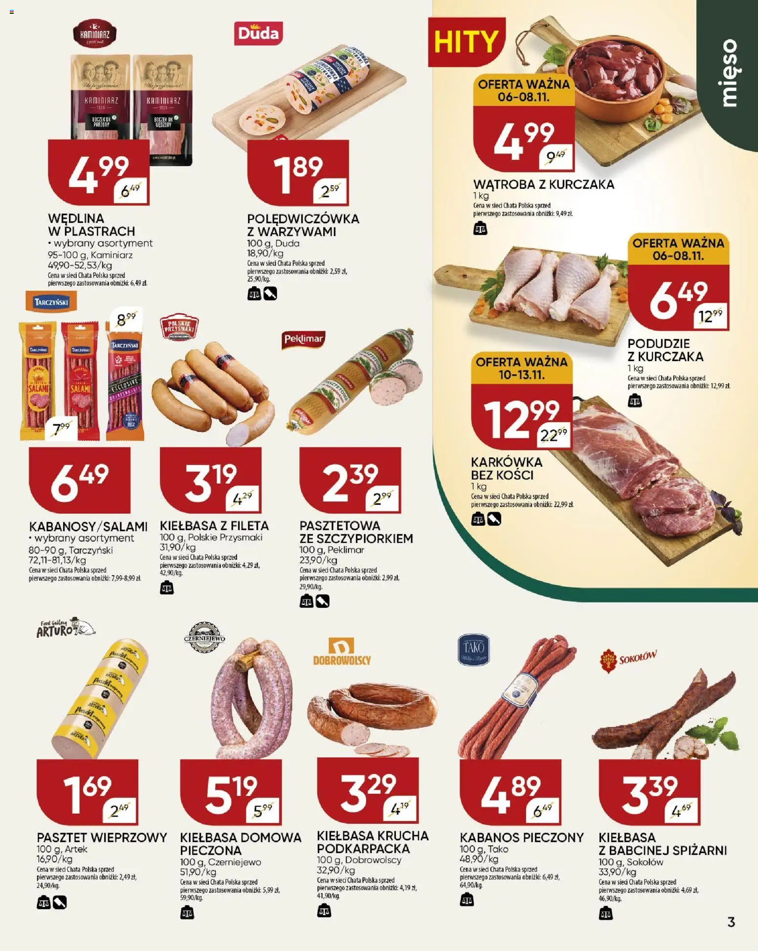 Chata Polska - Gazetka od 06.11.2025 | Strona: 3 | Produkty: Kiełbasa, Karkówka, Boczek, Salami