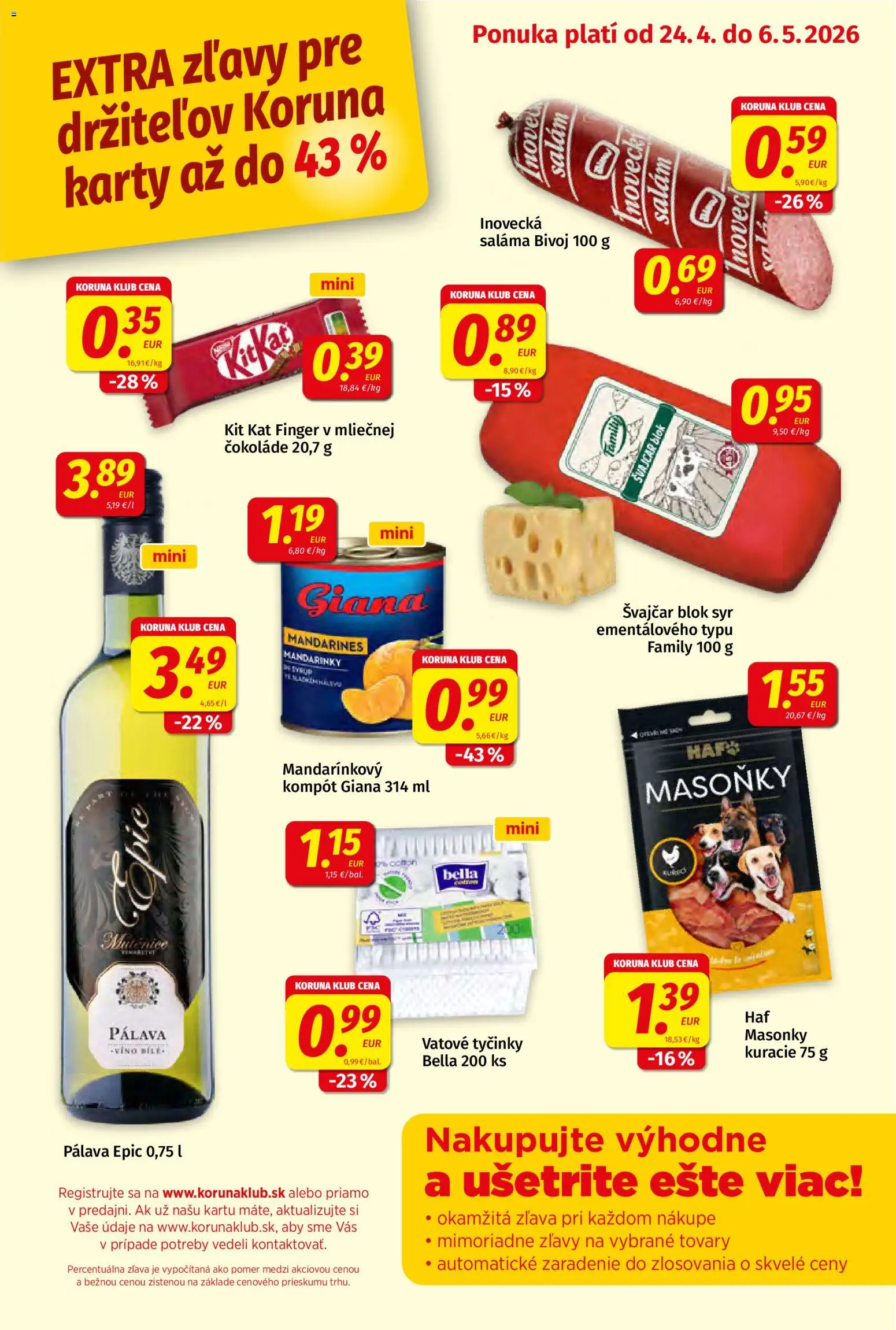 Nové Koruna akcie – leták je platný od 24.04.2026 | Strana: 1 | Produkty: Syr, Saláma, Mandarinky