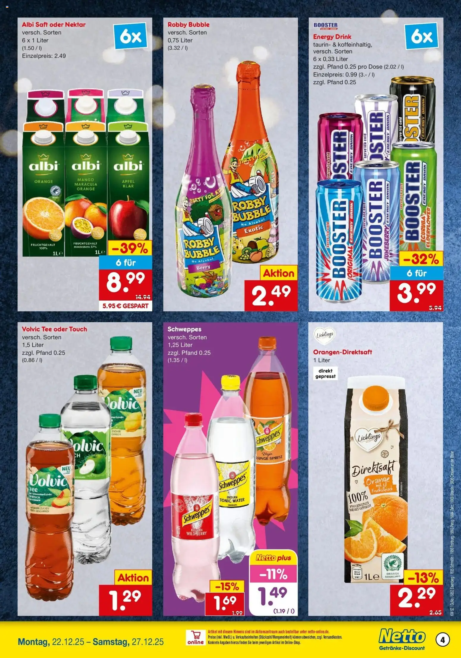 Netto Marken-Discount prospekt Brandis	 – gültig ab 22.12.2025 | Seite: 4 | Produkte: Äpfel, Volvic tee, Schweppes, Pfirsich