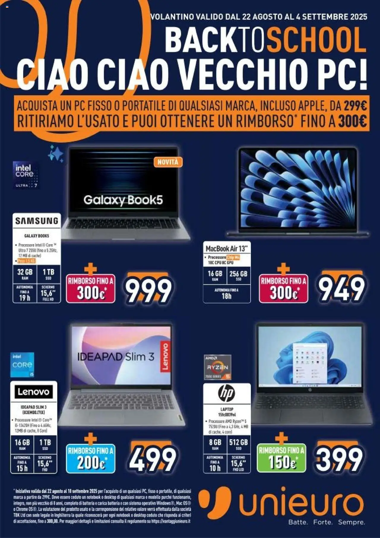 Volantino Unieuro del 22.08.2025 | Pagina: 1 | Prodotti: Macbook air, Laptop, PC, Samsung