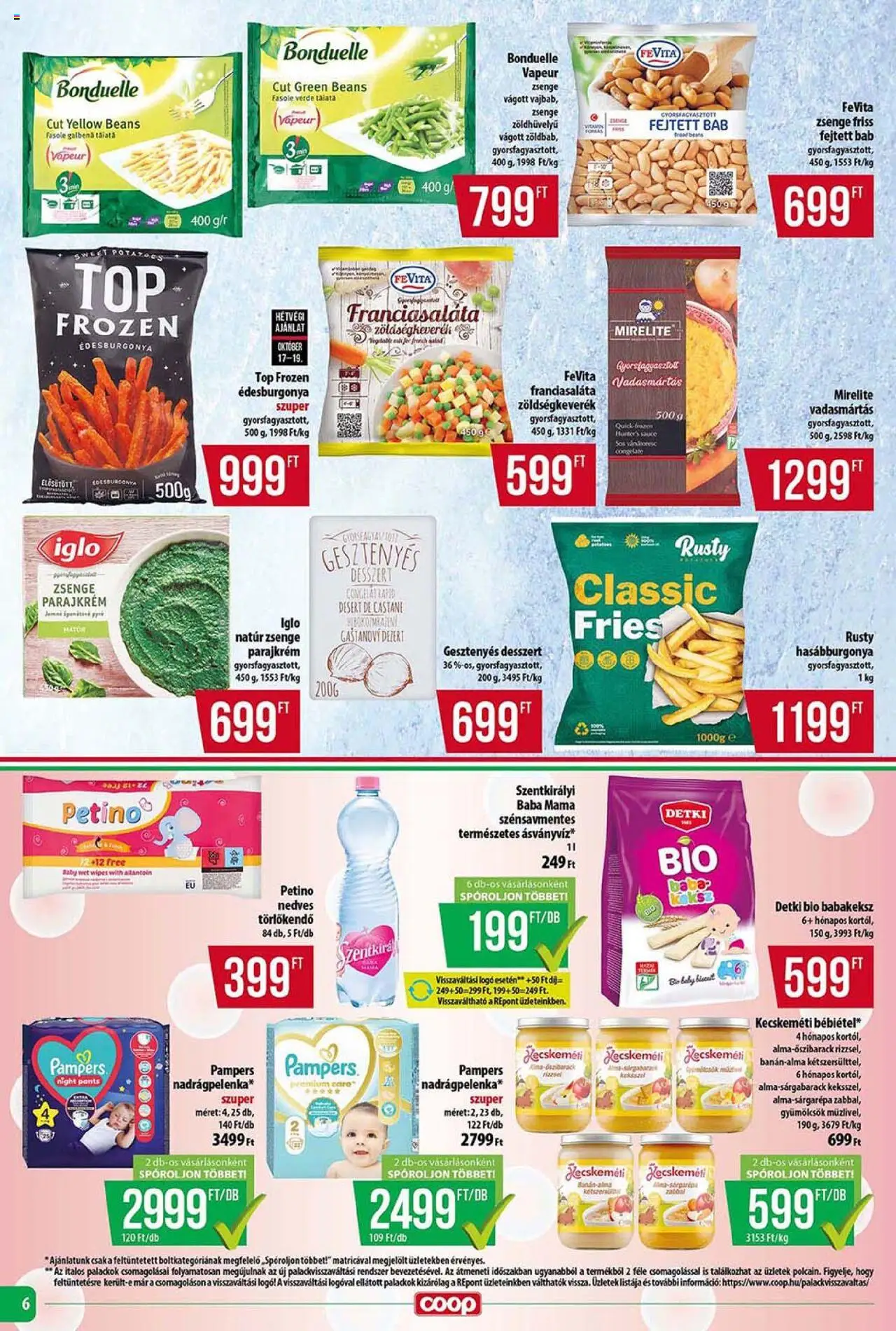 COOP akciós ujság - amely érvényes a következő dátumtól: 16.10.2025 | Oldal: 6 | Termékek: Pampers, Zöldségkeverék, Édesburgonya, Hasábburgonya