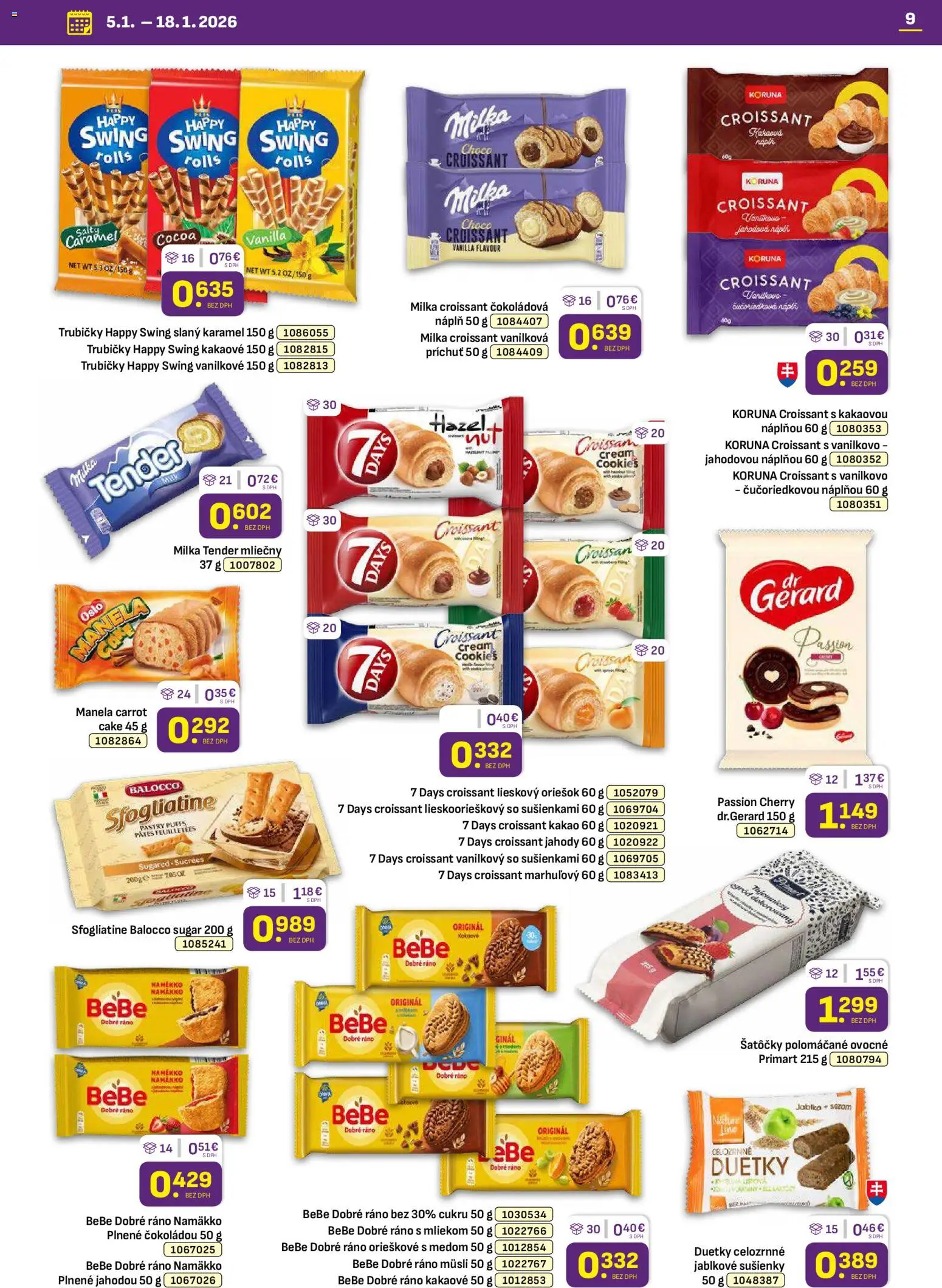 Nové Libex akcie – leták je platný od 05.01.2026 | Strana: 9 | Produkty: BeBe Dobré ráno, Jablká, Milka, Kakao