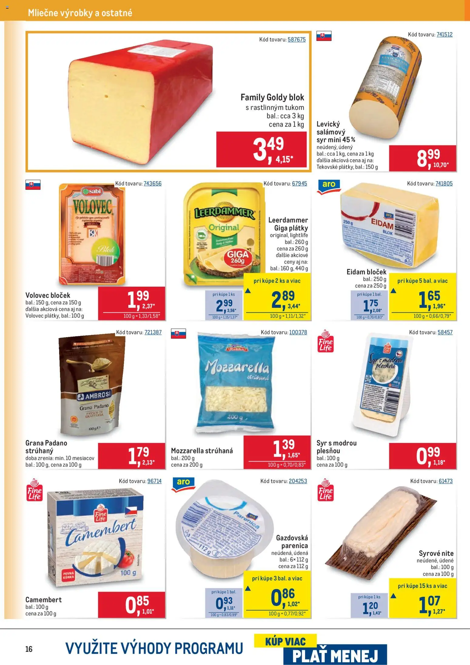 Nové Metro akcie – leták je platný od 14.01.2026 | Strana: 16 | Produkty: Syr, Eidam, Mozzarella