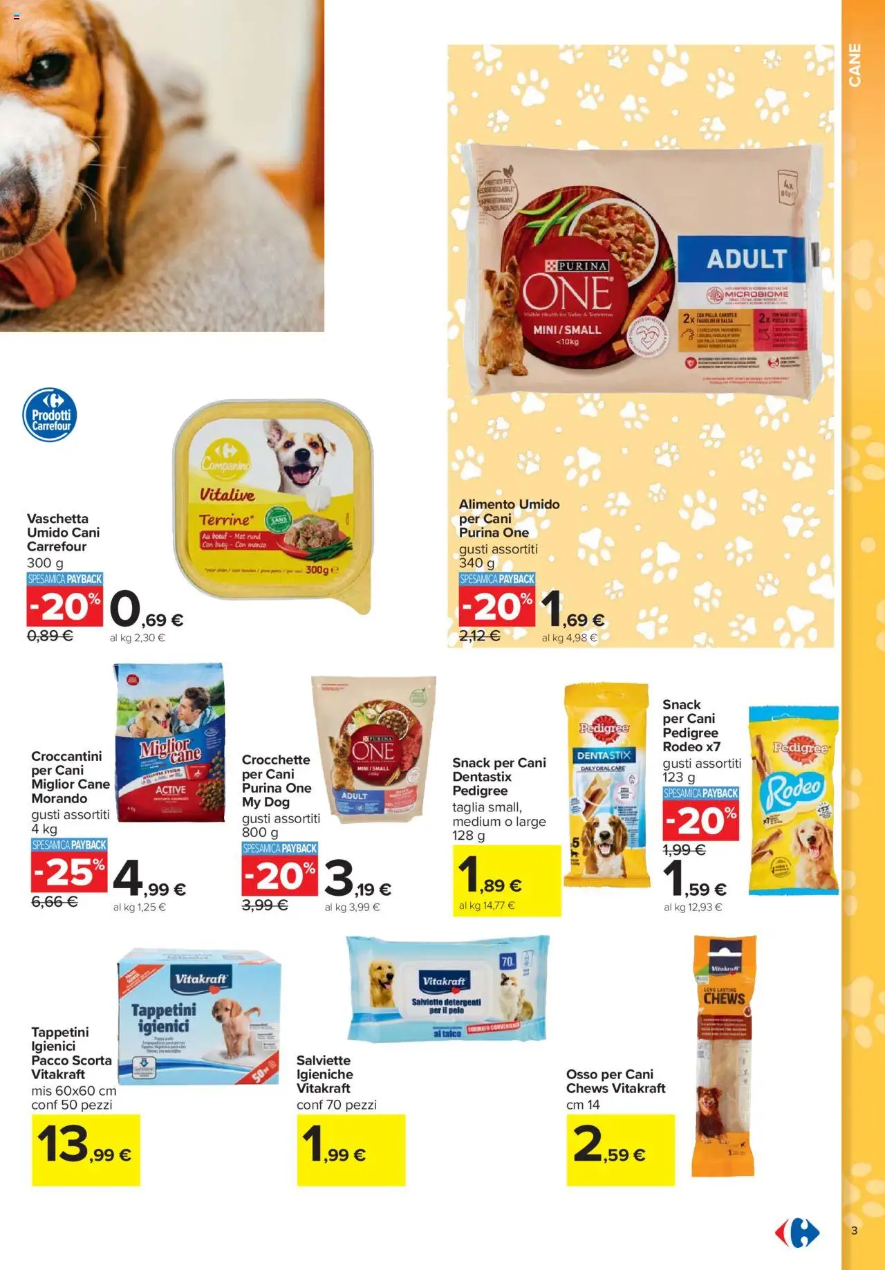 Volantino Carrefour del 08.10.2025 | Pagina: 3 | Prodotti: Manzo, Talco, Carote, Crocchette