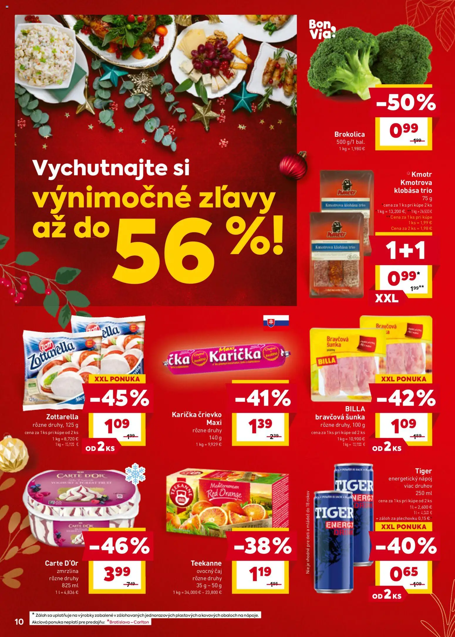 Nové Billa akcie – leták je platný od 19.11.2025 | Strana: 10 | Produkty: Čaj, Klobása, Brokolica, Energetický nápoj