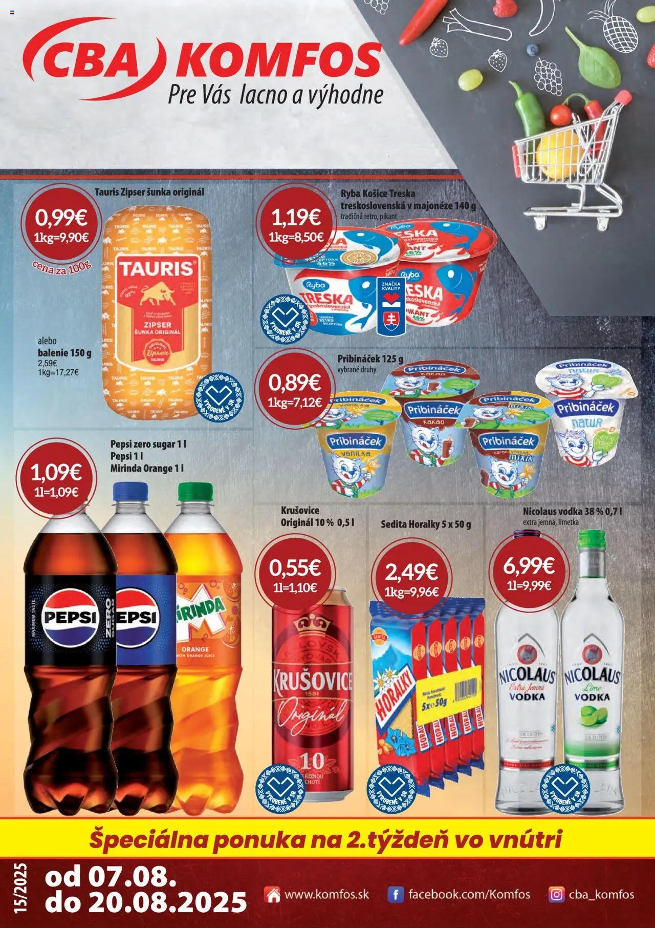 CBA Komfos Leták │ platný od 07.08.2025 | Strana: 1 | Produkty: Limetka, Šunka, Nicolaus vodka, Horálky